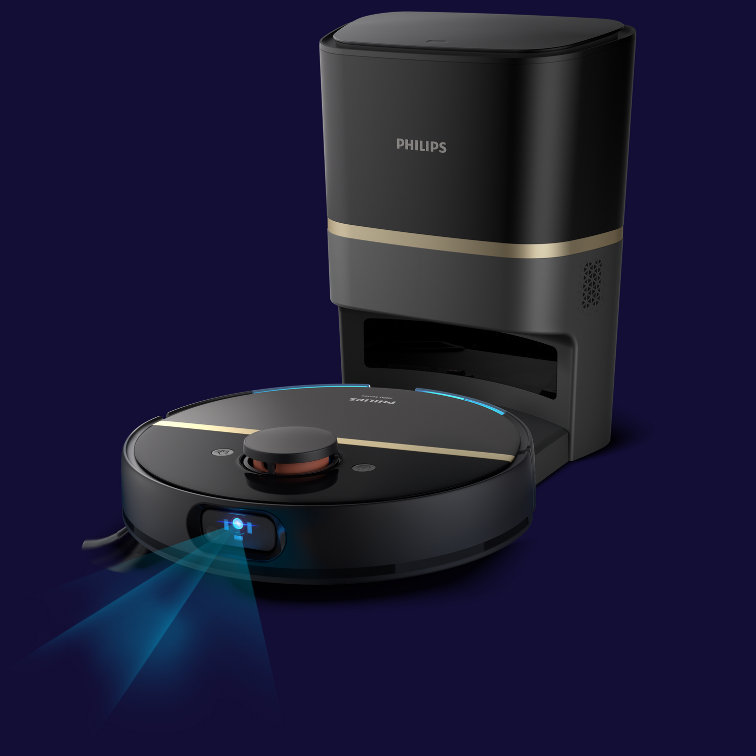 Czarny i złoty robot odkurzający obok stacji ładującej, na niebieskim tle.