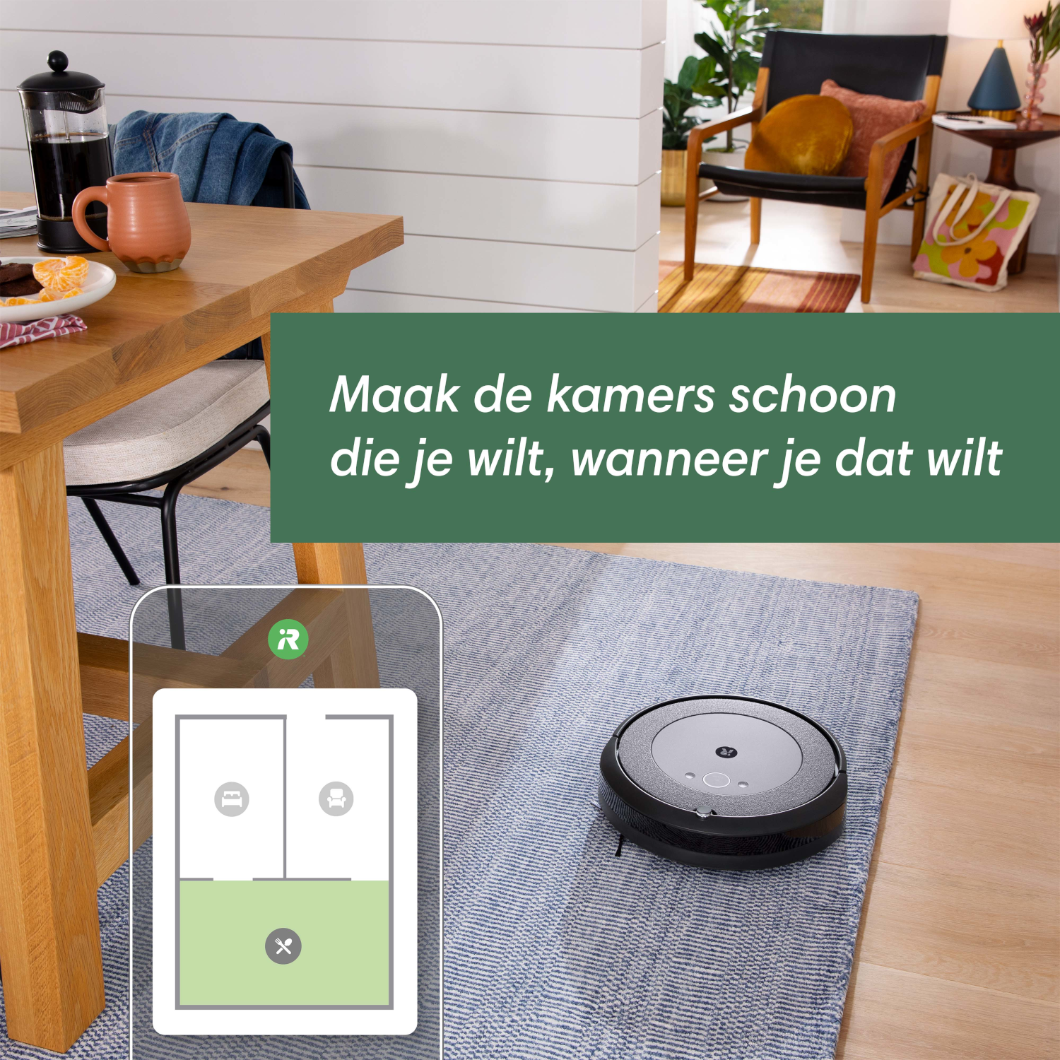 Roboter-Staubsauger auf Teppich, mit Text-Overlay und Raumaufteilung.