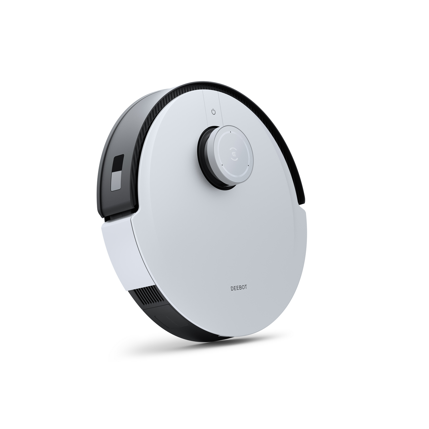 Biało-czarny odkurzacz robot na białej powierzchni.