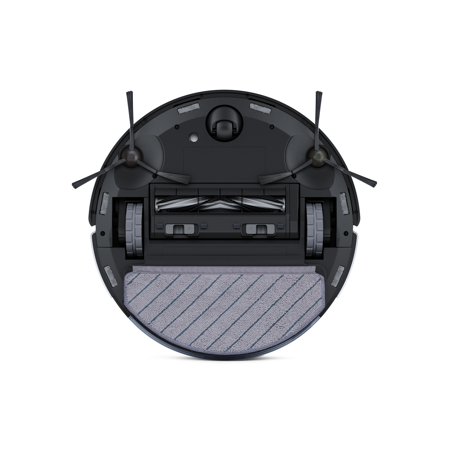 Spód czarno-szarego robota sprzątającego na białej powierzchni.