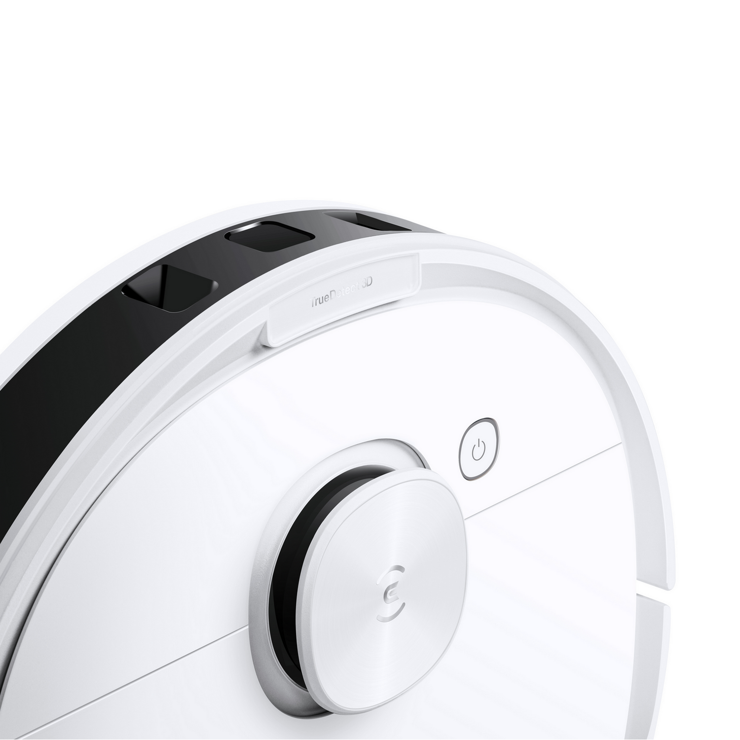Robot aspirapolvere bianco e nero con design rotondo su sfondo bianco.