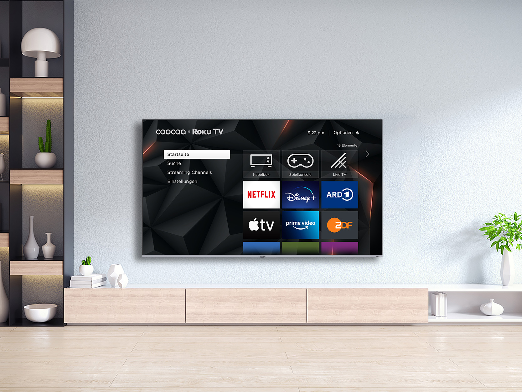 Ein großer Fernseher, der einen Menübildschirm anzeigt, auf einem Schrank.