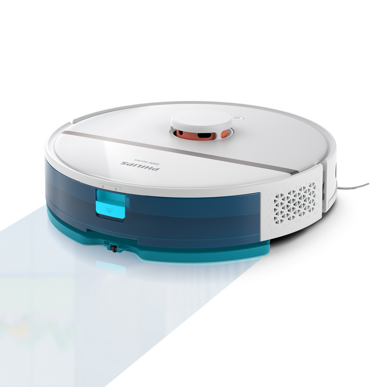 Weiß-blauer Roboter-Staubsauger auf weißem Hintergrund.