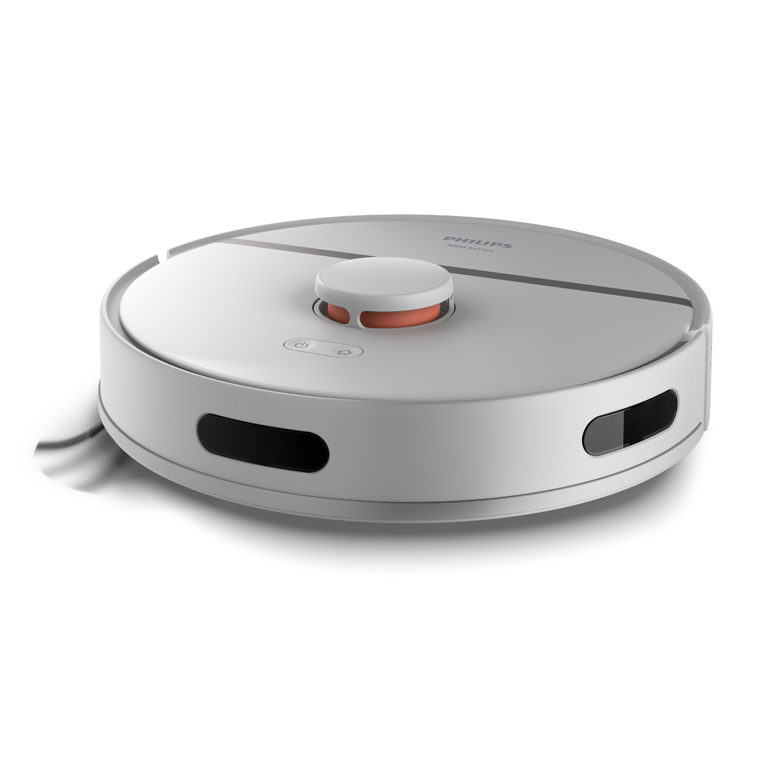 Ein weißer, kreisförmiger Philips-Roboterstaubsauger. Er hat eine zentrale Taste und Ladeanschlüsse.