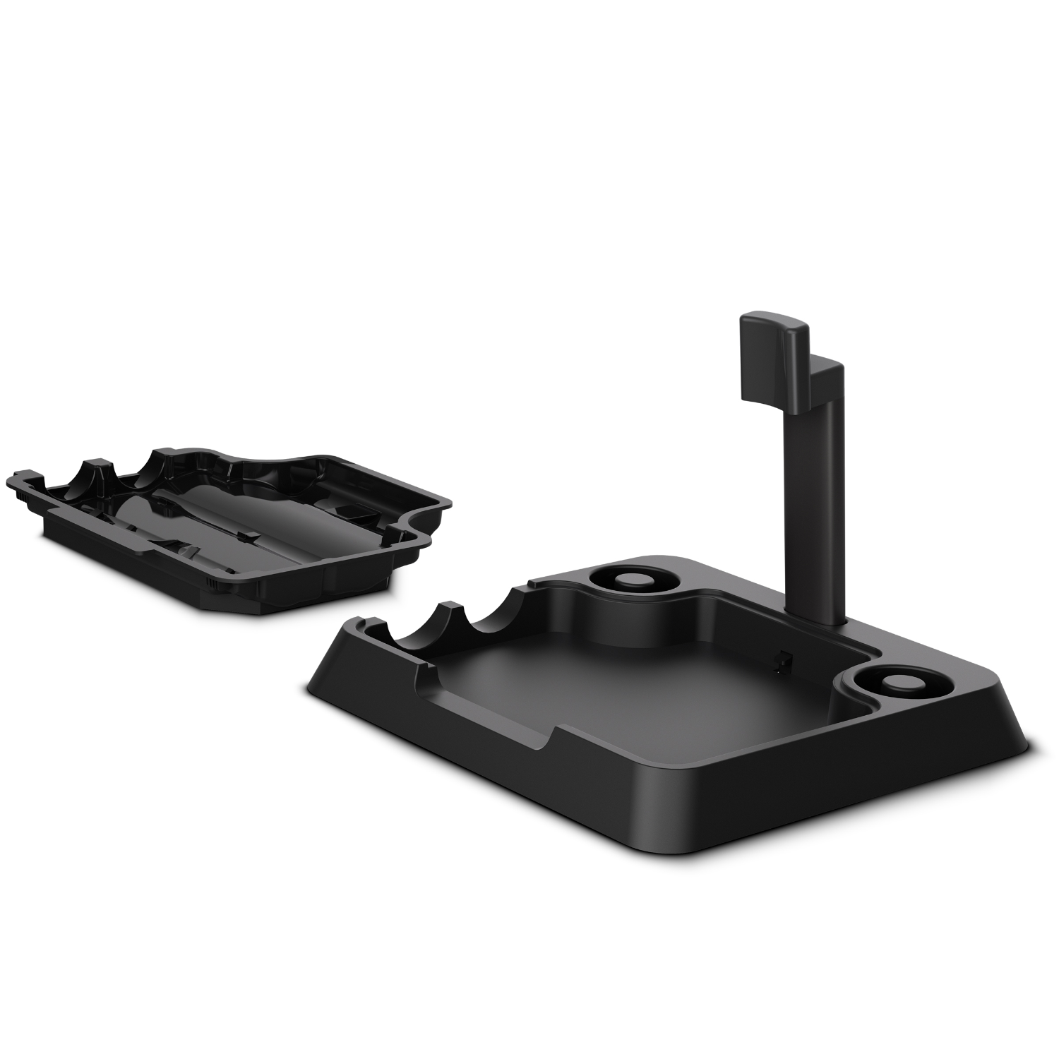 Czarna stacja ładująca do odkurzacza i pojemnik na kurz. Izolowane na białym tle.