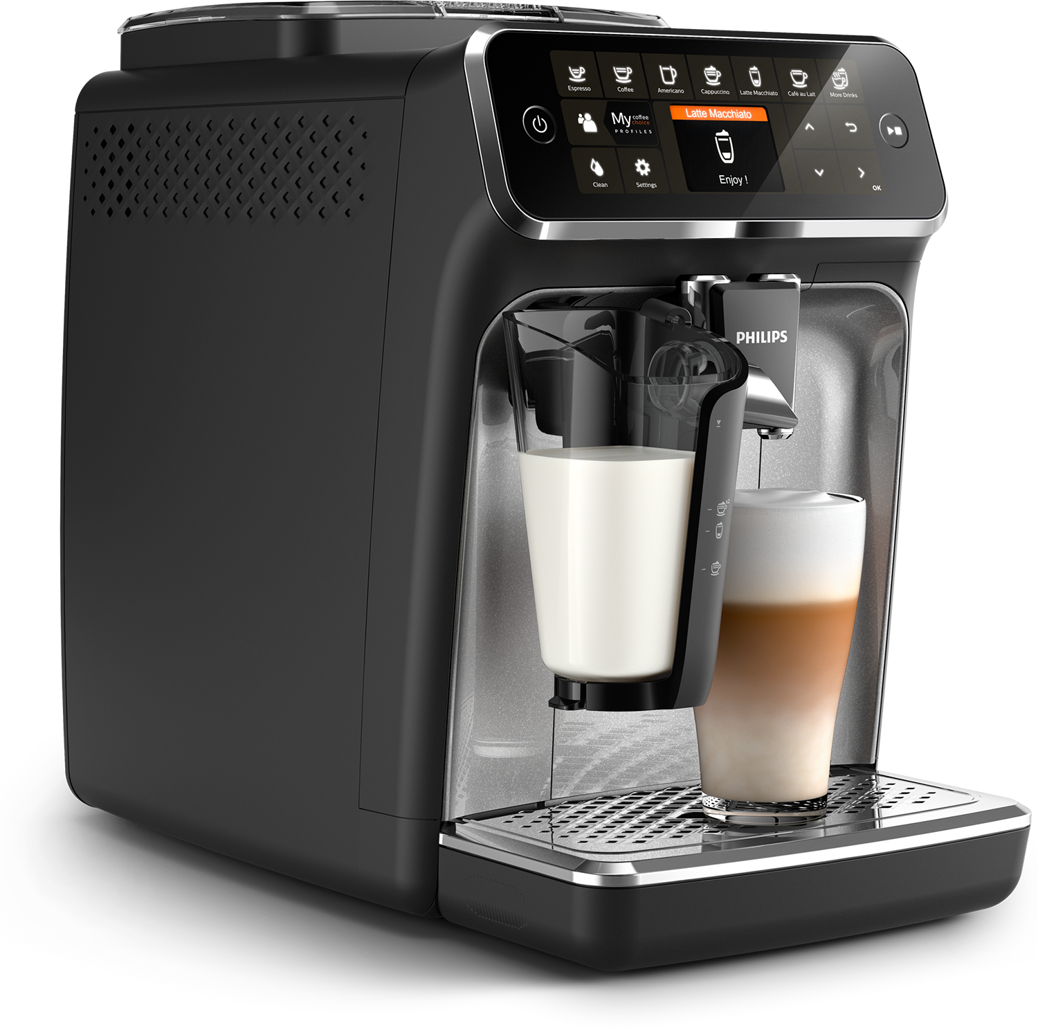 Una cafetera Philips negra. Tiene un recipiente para leche, un café con leche en un vaso y una pantalla.