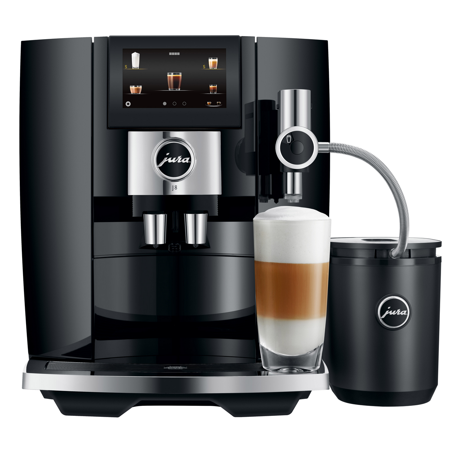 Czarny ekspres do kawy Jura z ekranem, spieniaczem do mleka i szklanką warstwowej kawy z pianką.