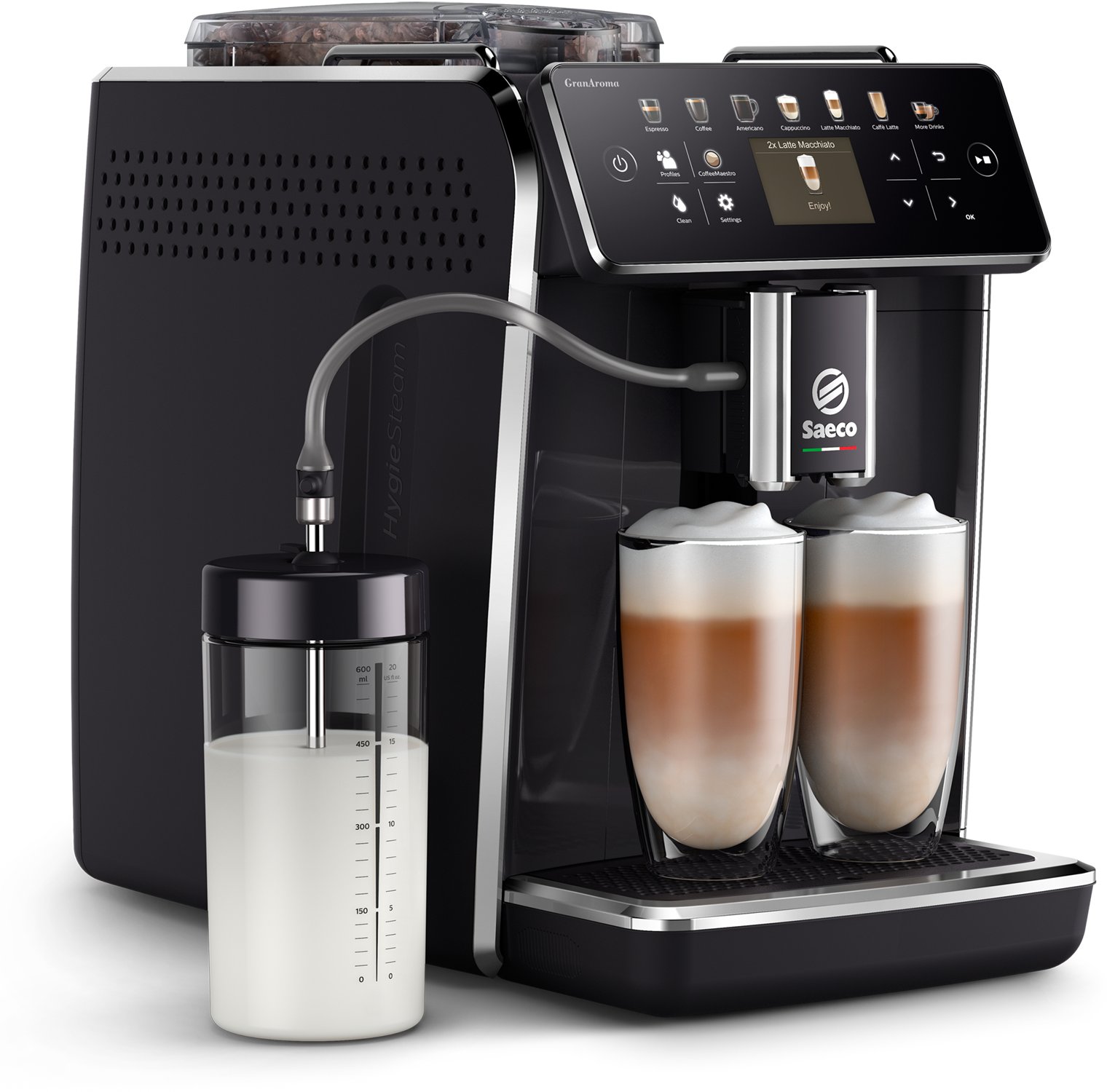 Eine Kaffeemaschine, die Latte Macchiato in zwei Gläser ausgibt.