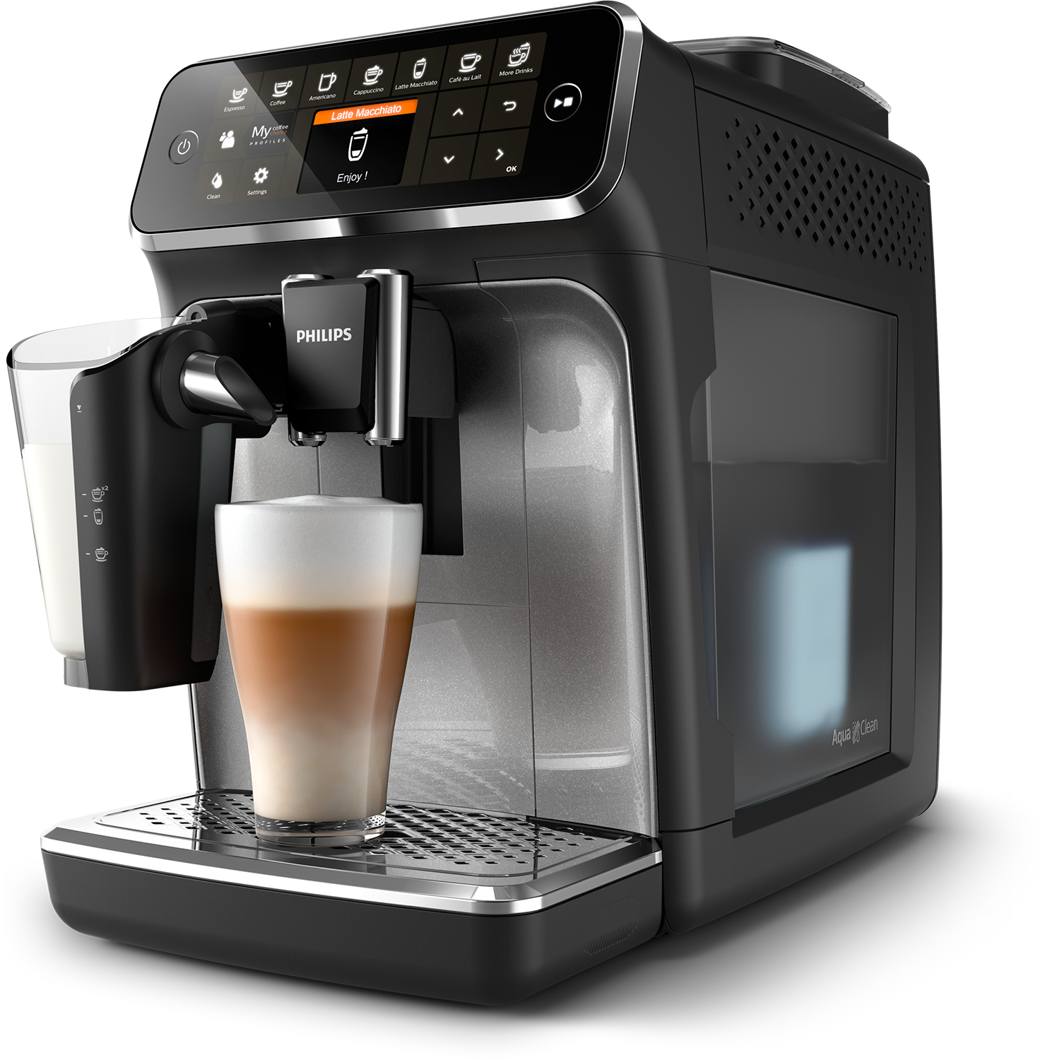 Una cafetera Philips negra con un vaso de latte macchiato y un recipiente de leche.