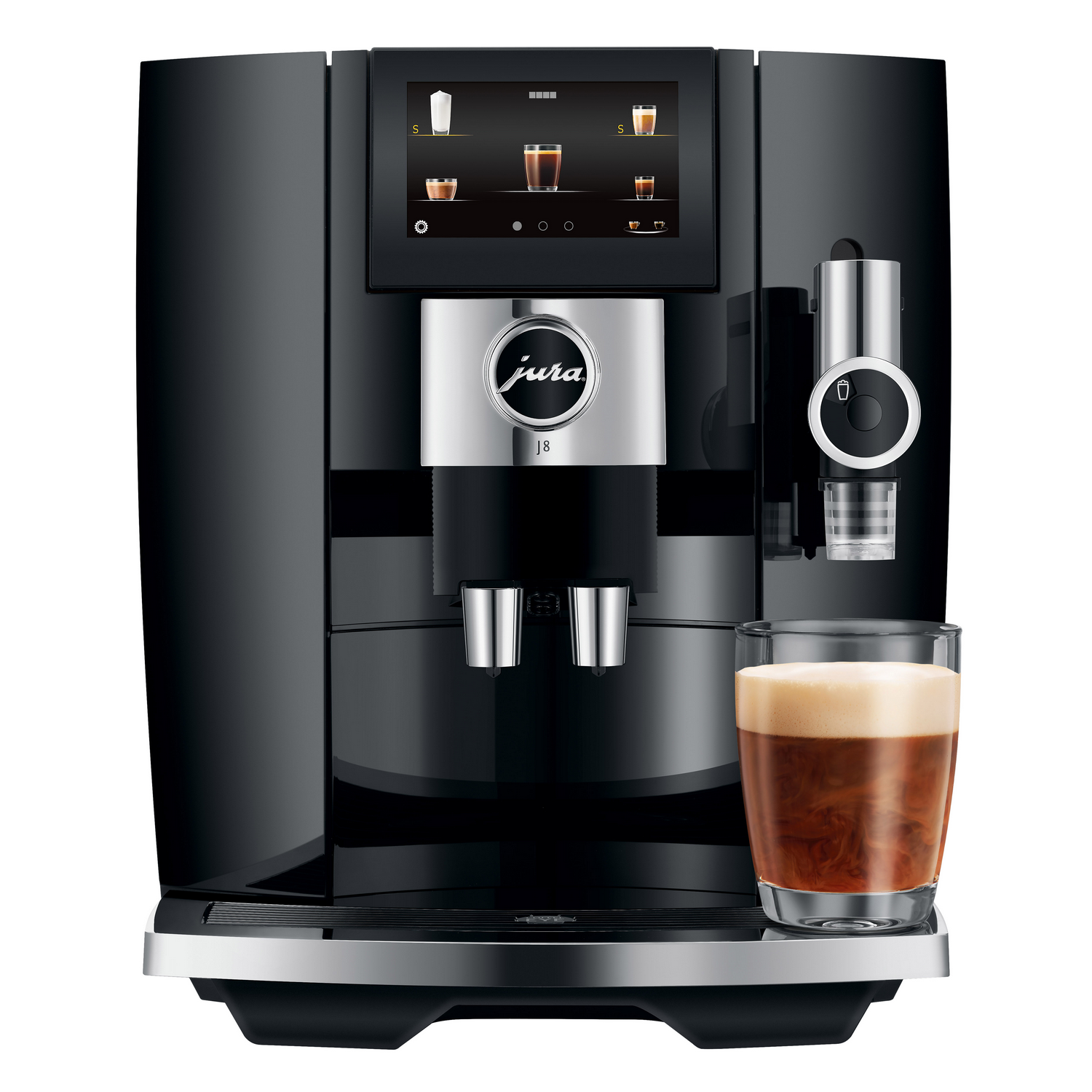 Czarny ekspres do kawy ze szklanką kawy. Widoczny ekran dotykowy i logo.