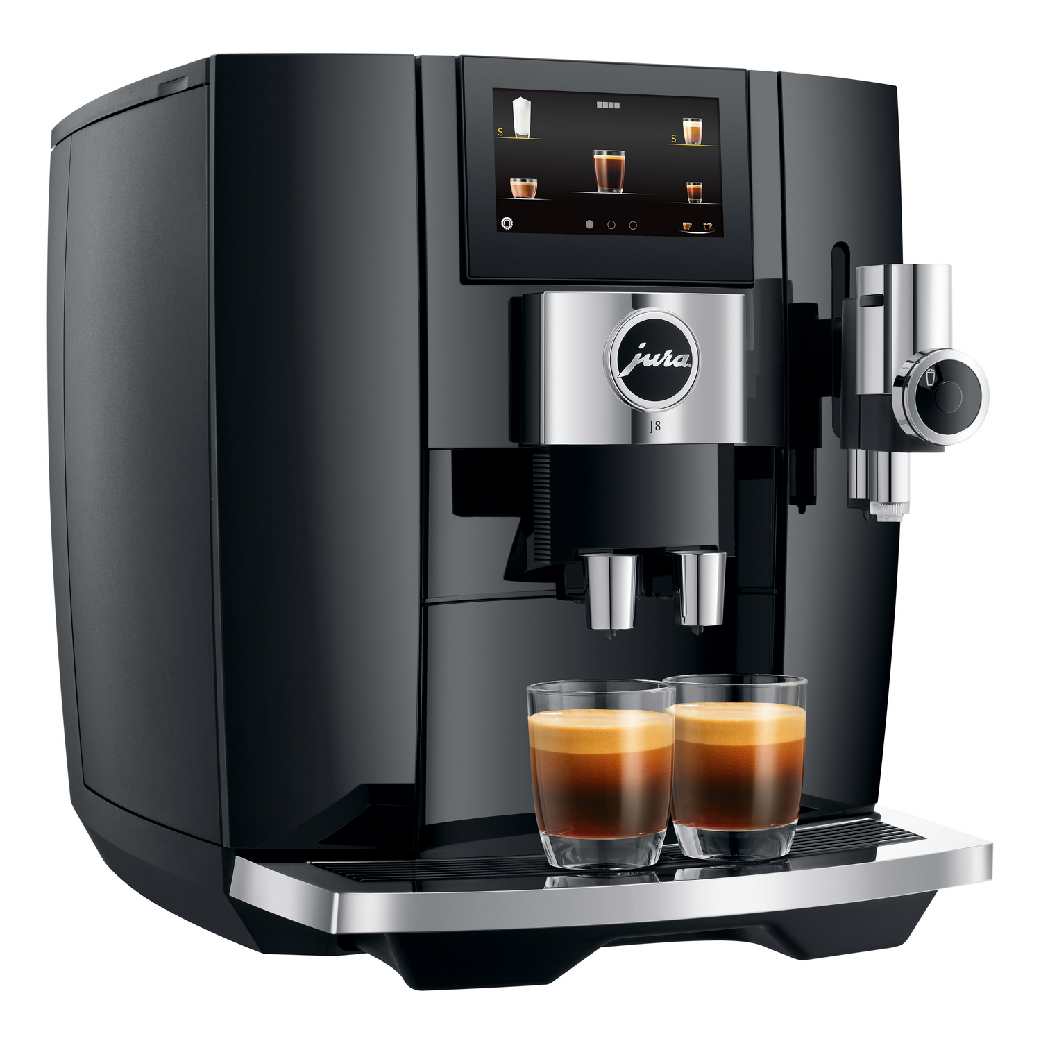 Czarny ekspres do kawy Jura z dwoma filiżankami kawy i interfejsem dotykowym.