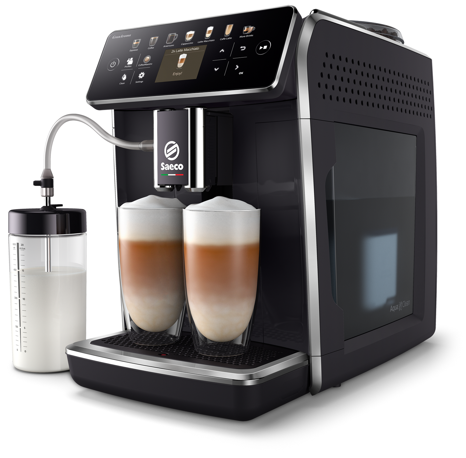 Schwarze und silberne Espressomaschine mit zwei Gläsern Latte Macchiato. Milchbehälter sichtbar.