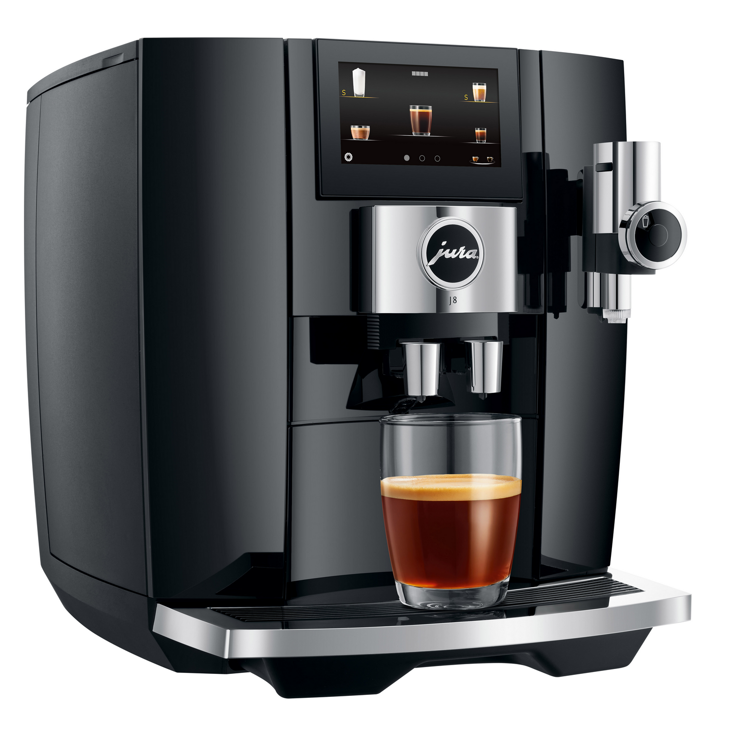 Czarny ekspres do kawy Jura J8 ze szklanką kawy i ekranem dotykowym. Srebrne akcenty.