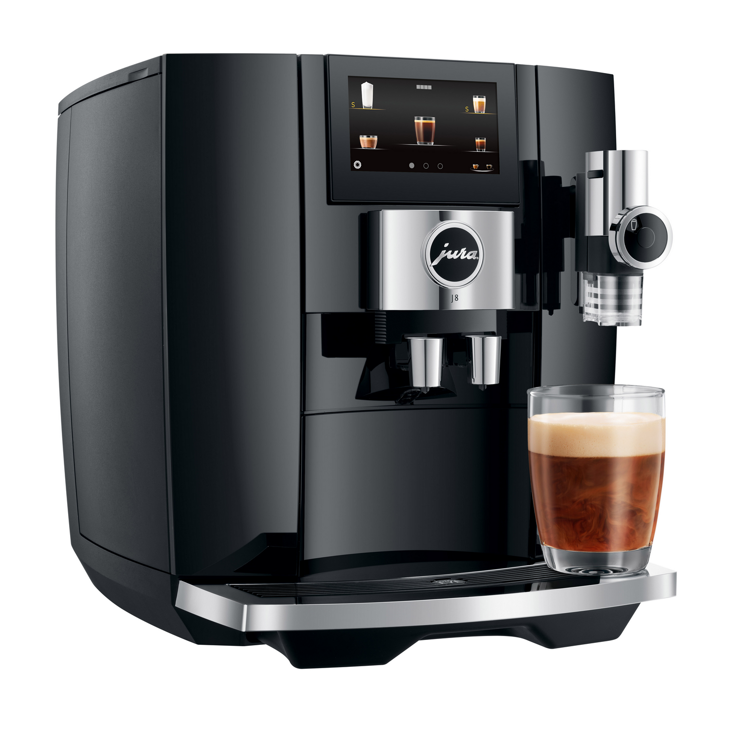 Czarny ekspres do kawy Jura ze szklanką kawy i ekranem dotykowym.