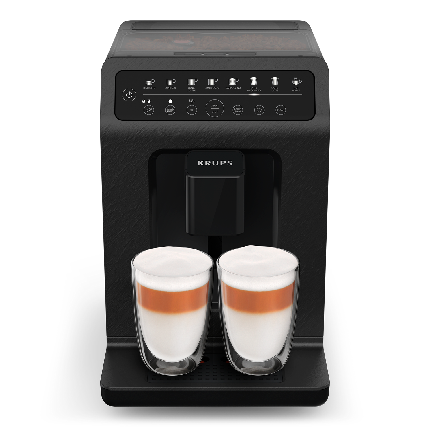 Czarny ekspres do kawy z dwoma szklankami latte. Maszyna ma cyfrowy wyświetlacz i ikony kawy.