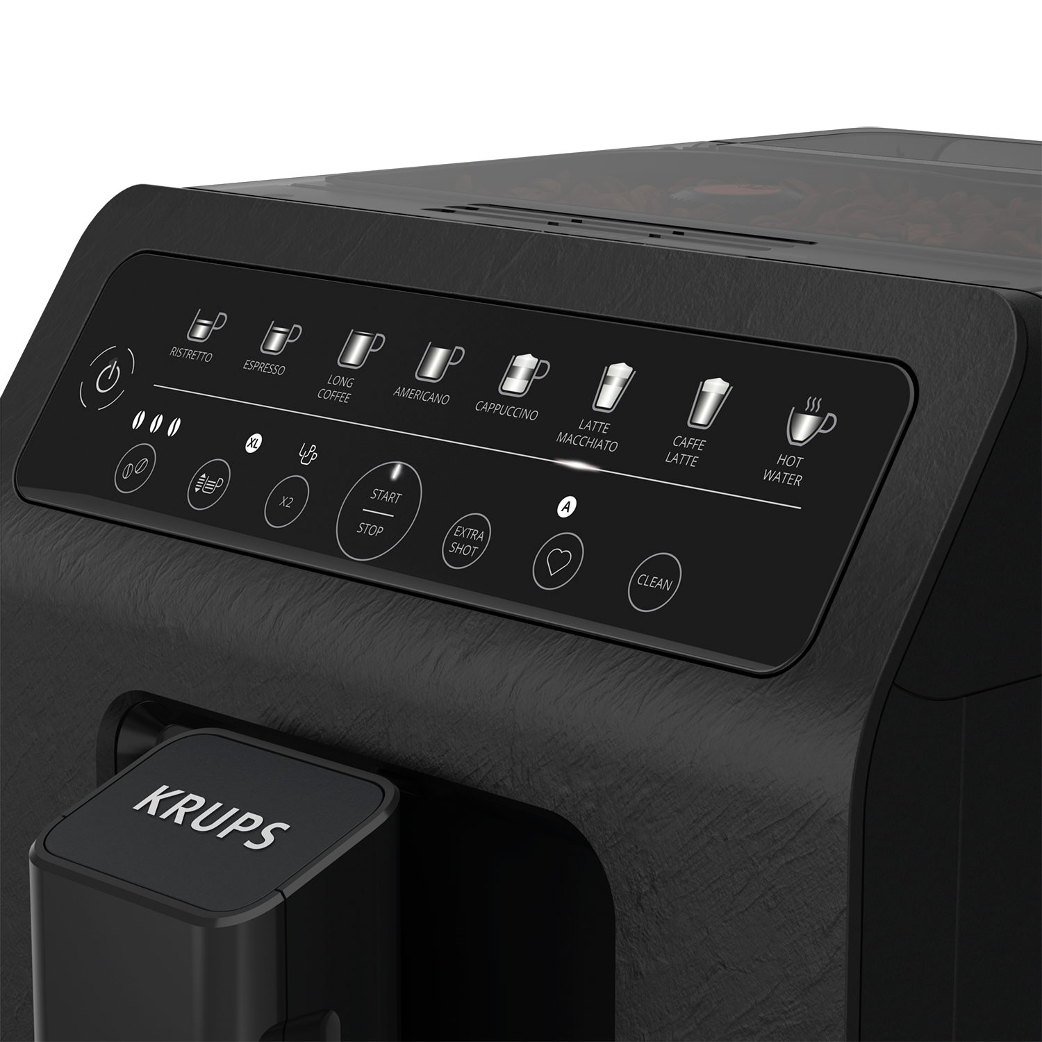 Zbliżenie panelu sterowania czarnego ekspresu do kawy z różnymi opcjami napojów i przyciskami.