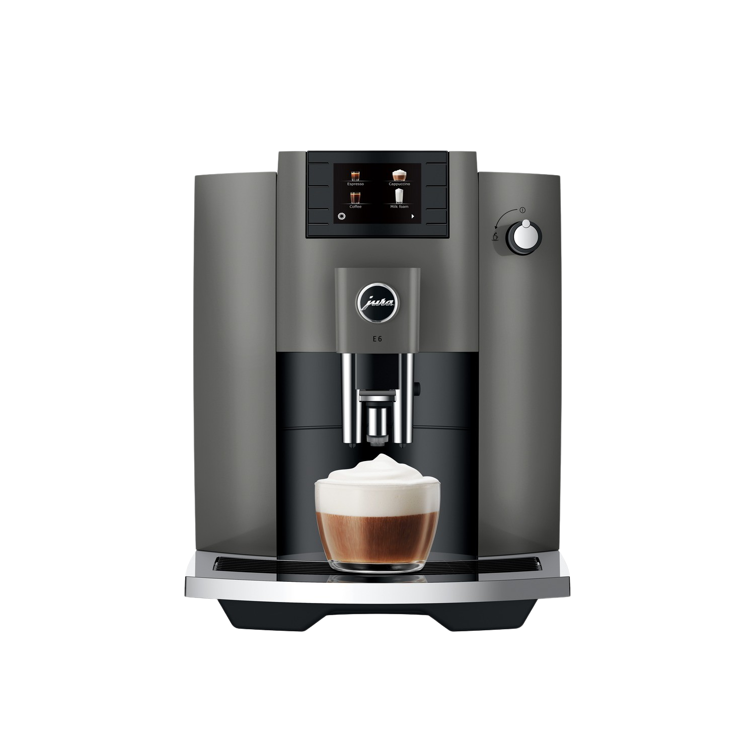 Kaffeemaschine mit einer Tasse Kaffee. Dunkelgrau und schwarz, schwarzer Hintergrund.