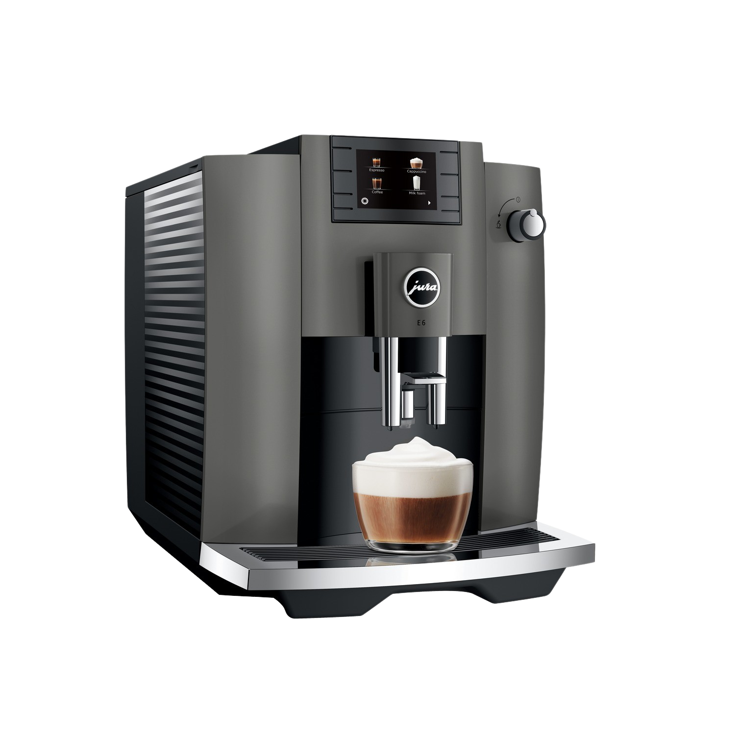Dunkelgraue Jura E6 Kaffeemaschine mit einer Tasse Kaffee. Mit Display und Drehregler.