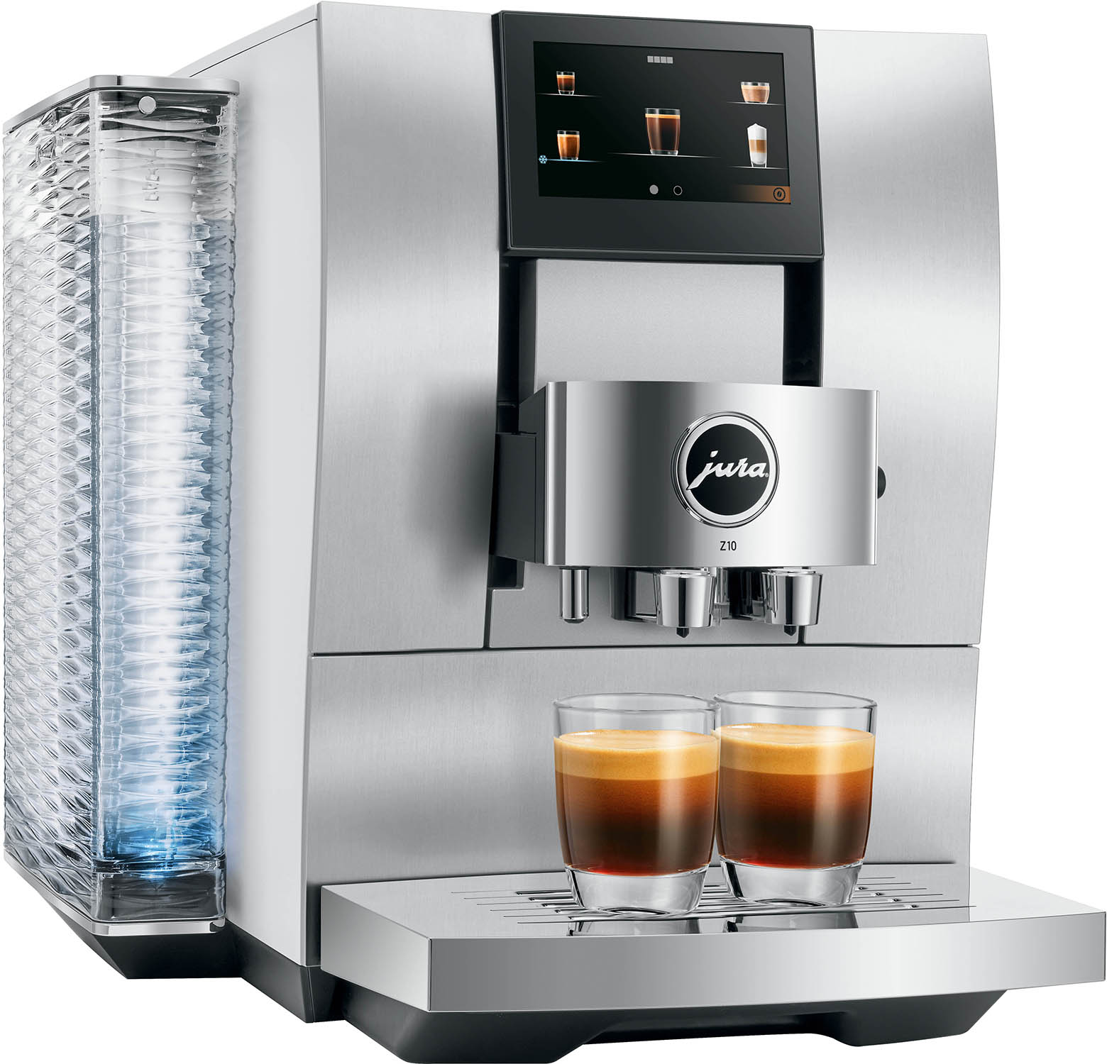 Silberne Kaffeemaschine mit zwei Tassen Kaffee. Touchscreen und Logo sichtbar.