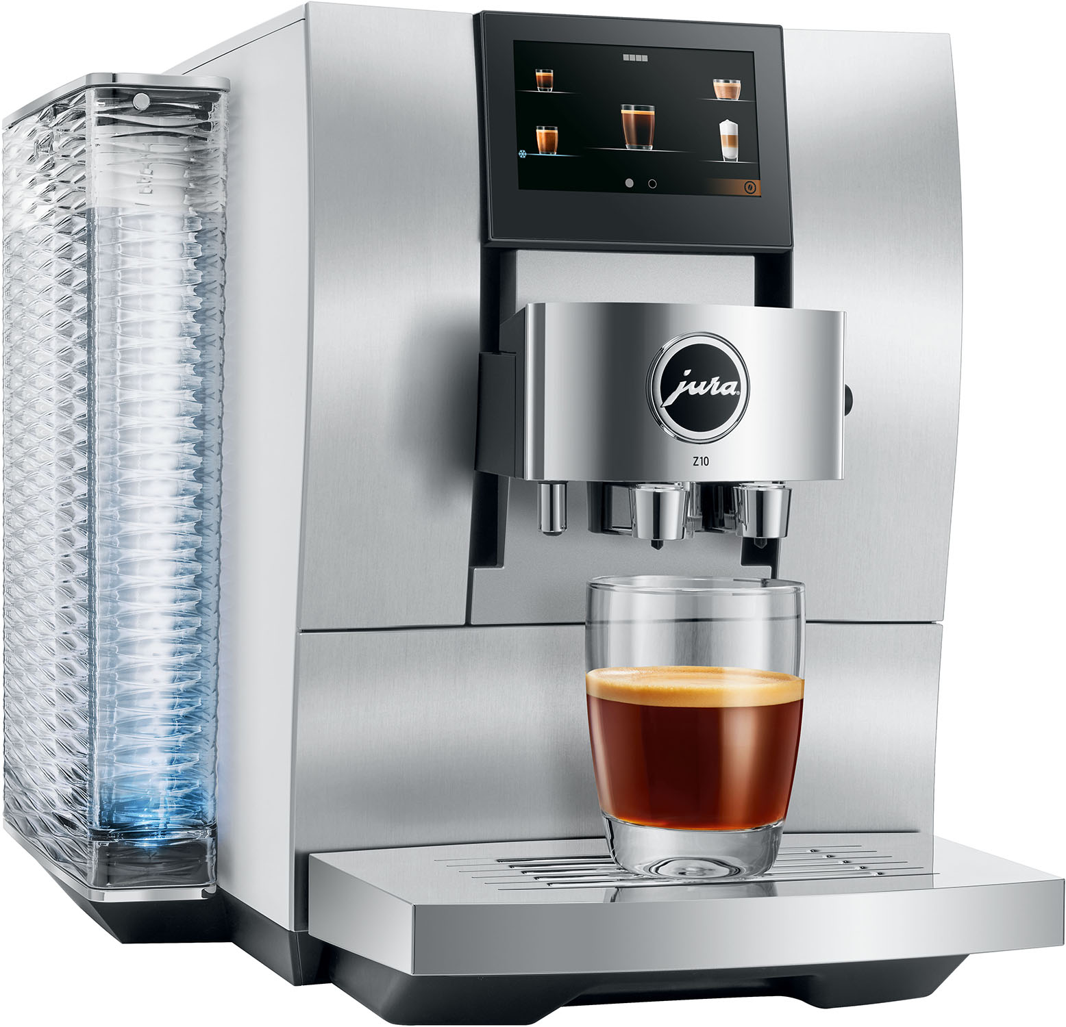 Silber-schwarze Jura Kaffeemaschine mit Kaffeeglas und Tassen an der Seite.