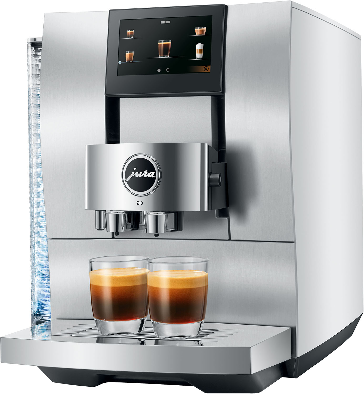 Eine silberne Jura Kaffeemaschine. Zwei Kaffeetassen stehen auf dem Tablett. Ein Bildschirm zeigt Kaffeesorten.