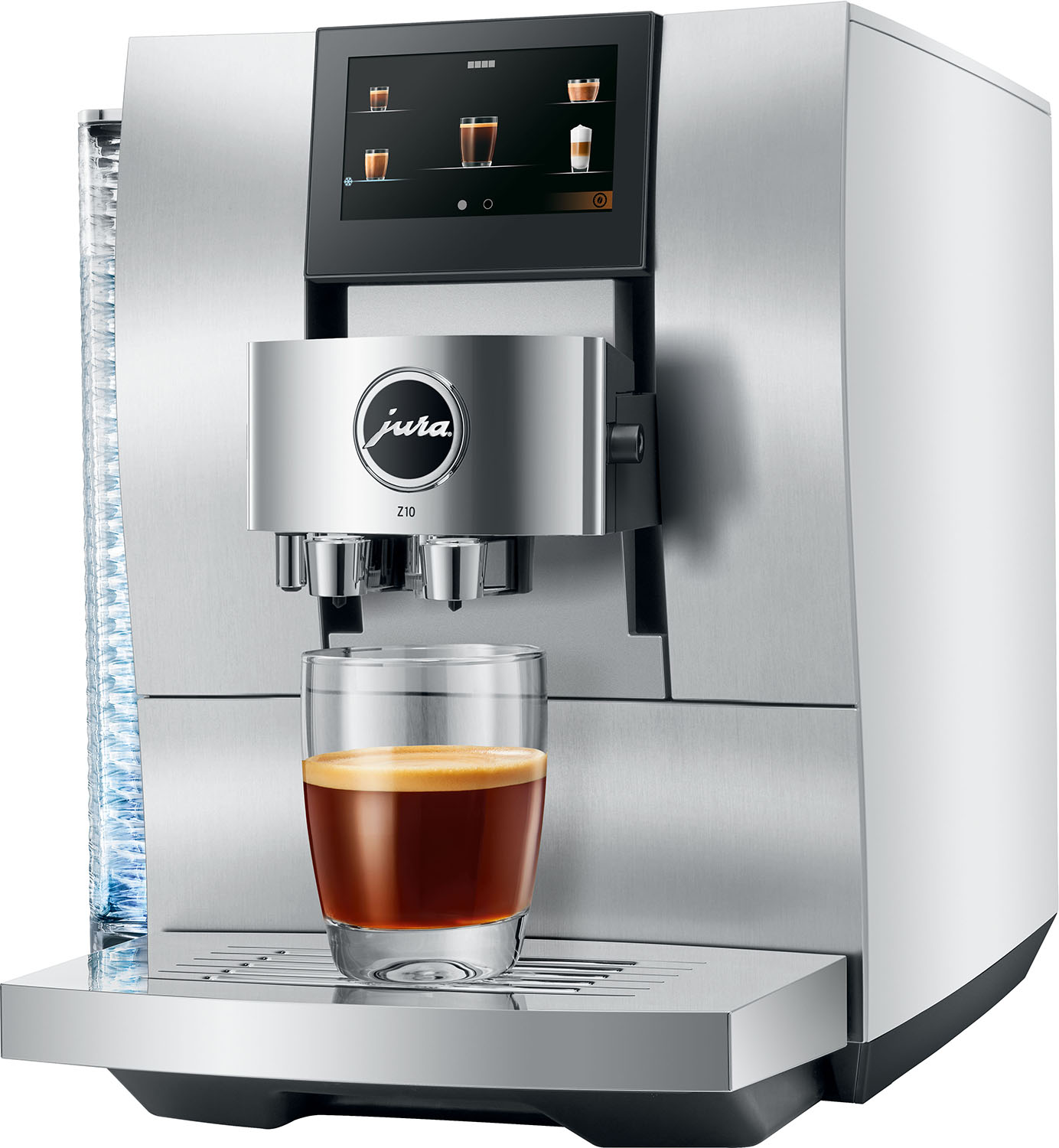 Silberne Jura Z10 Kaffeemaschine. Vorne steht ein Glas mit Kaffee. Die Maschine hat einen Touchscreen.