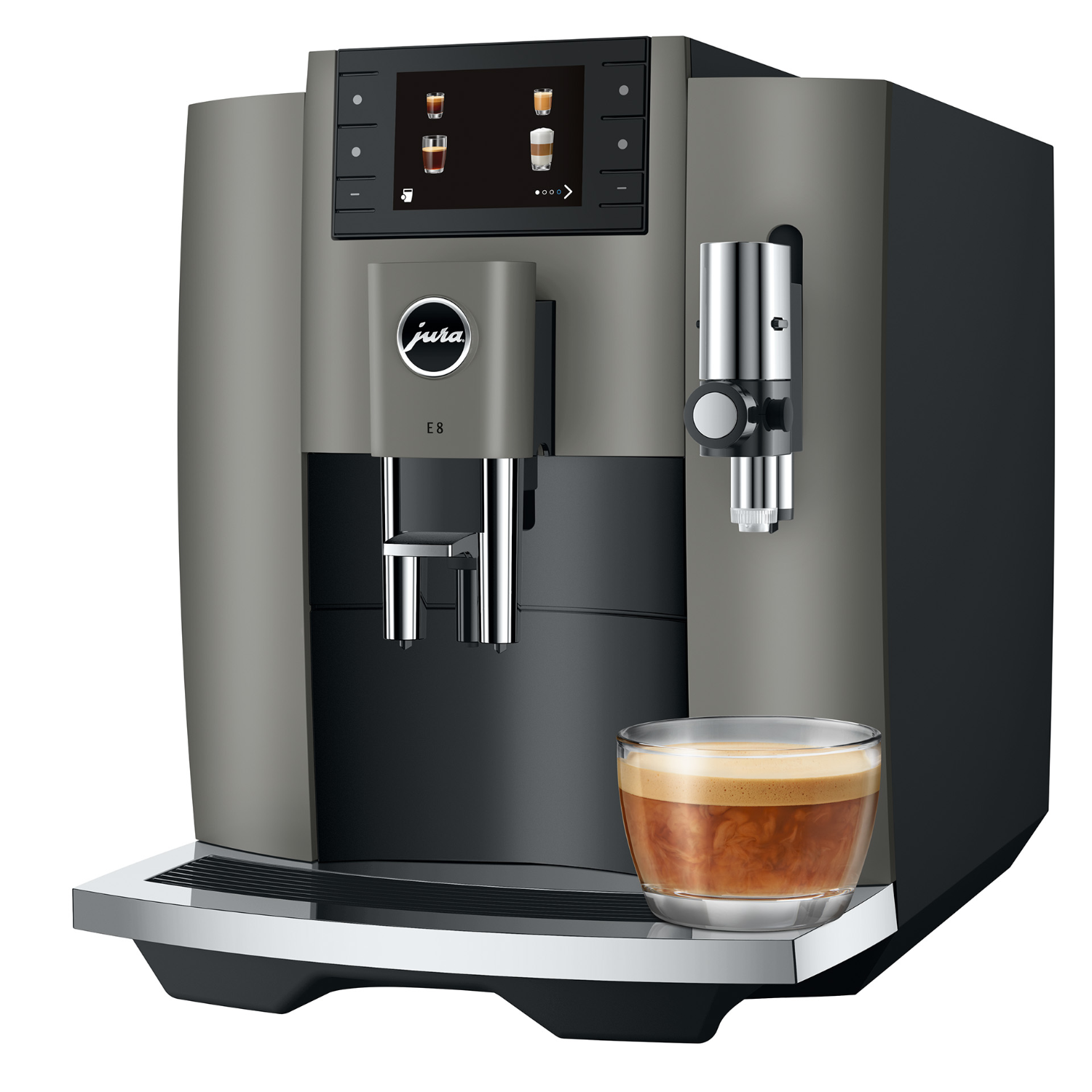 Graue und schwarze Jura E8 Kaffeemaschine mit einem Glas Espresso und digitaler Anzeige.