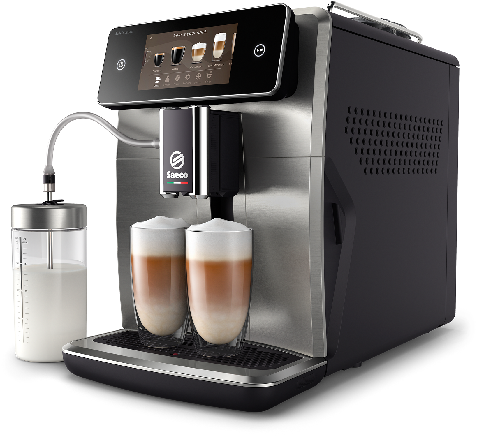 Eine Kaffeemaschine aus Edelstahl und Schwarz, die zwei Lattes in Glasbecher ausgibt, mit einem Milchbehälter an der Seite.