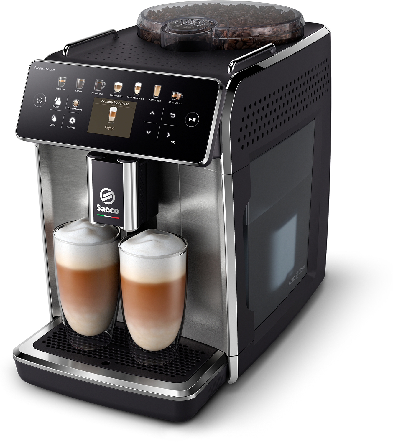 Kaffeemaschine mit zwei Latte Macchiatos, Dampf und Touchscreen.