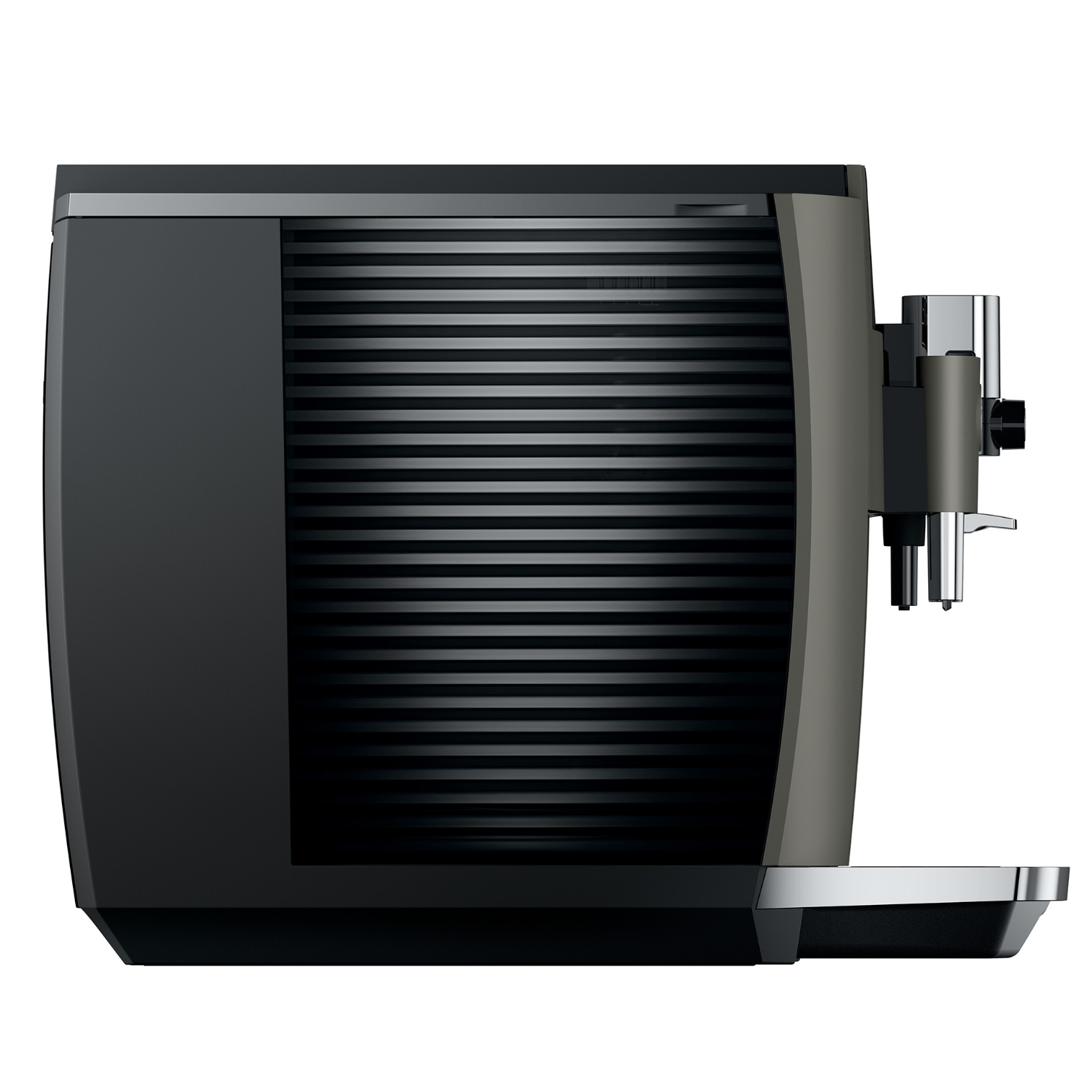 Seitenansicht einer Kaffeemaschine. Schwarzes und graues Design mit horizontalen Linien an der Seite.