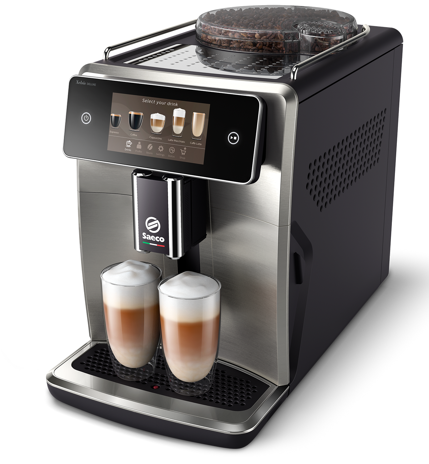 Eine Saeco Espressomaschine mit Touchscreen und zwei Latte Macchiato Gläsern. Kaffeebohnen sichtbar.