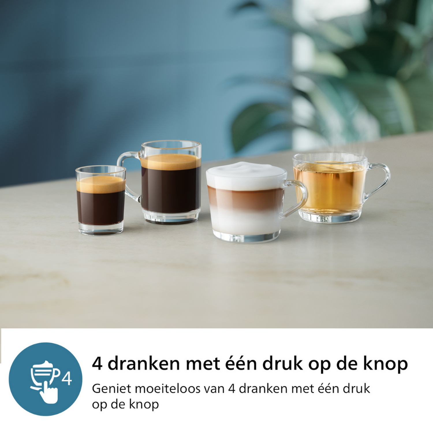 Cztery rodzaje kawy. Małe espresso, czarna kawa, latte i herbata w przezroczystych szklankach.