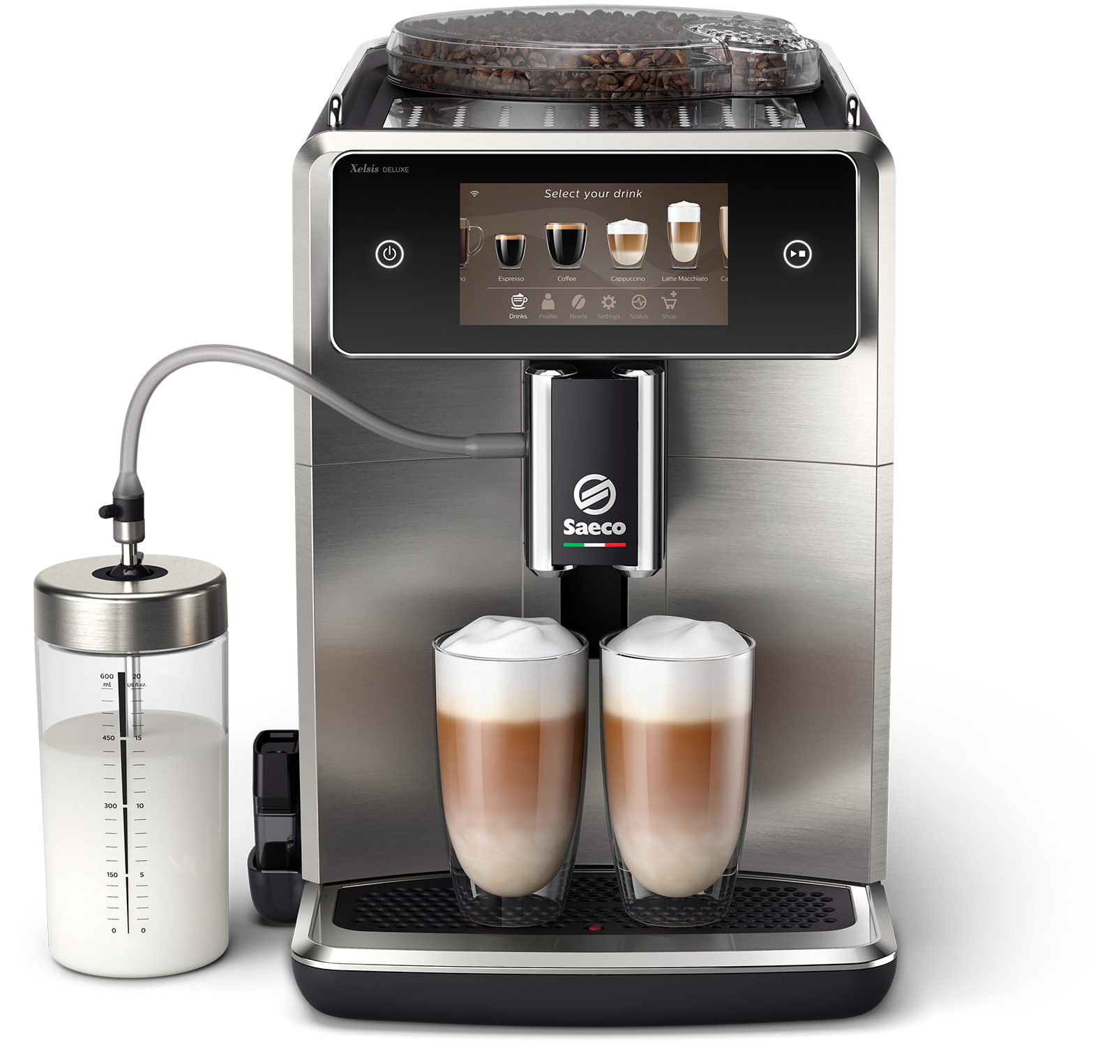 Silberne Kaffeemaschine mit Milchbehälter und zwei Gläsern Kaffee.
