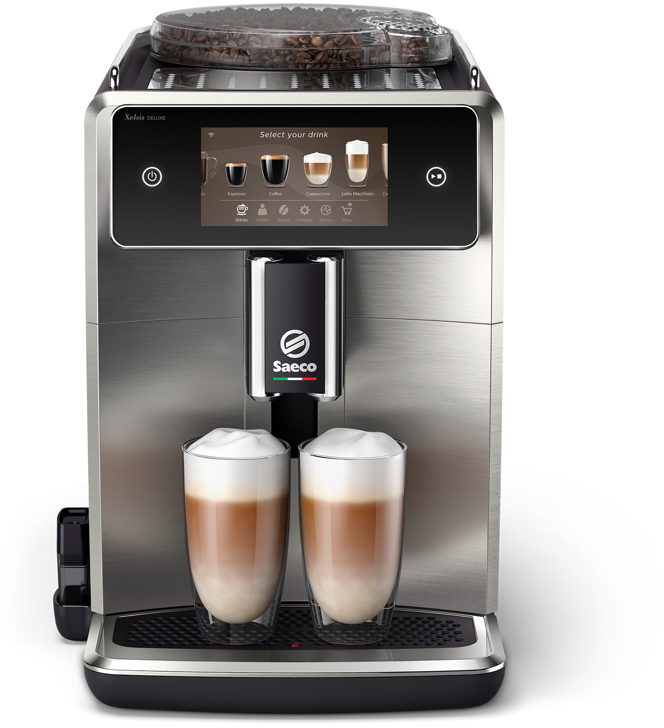 Silberne Saeco Kaffeemaschine mit zwei Latte Macchiato. Schwarzer Hintergrund.