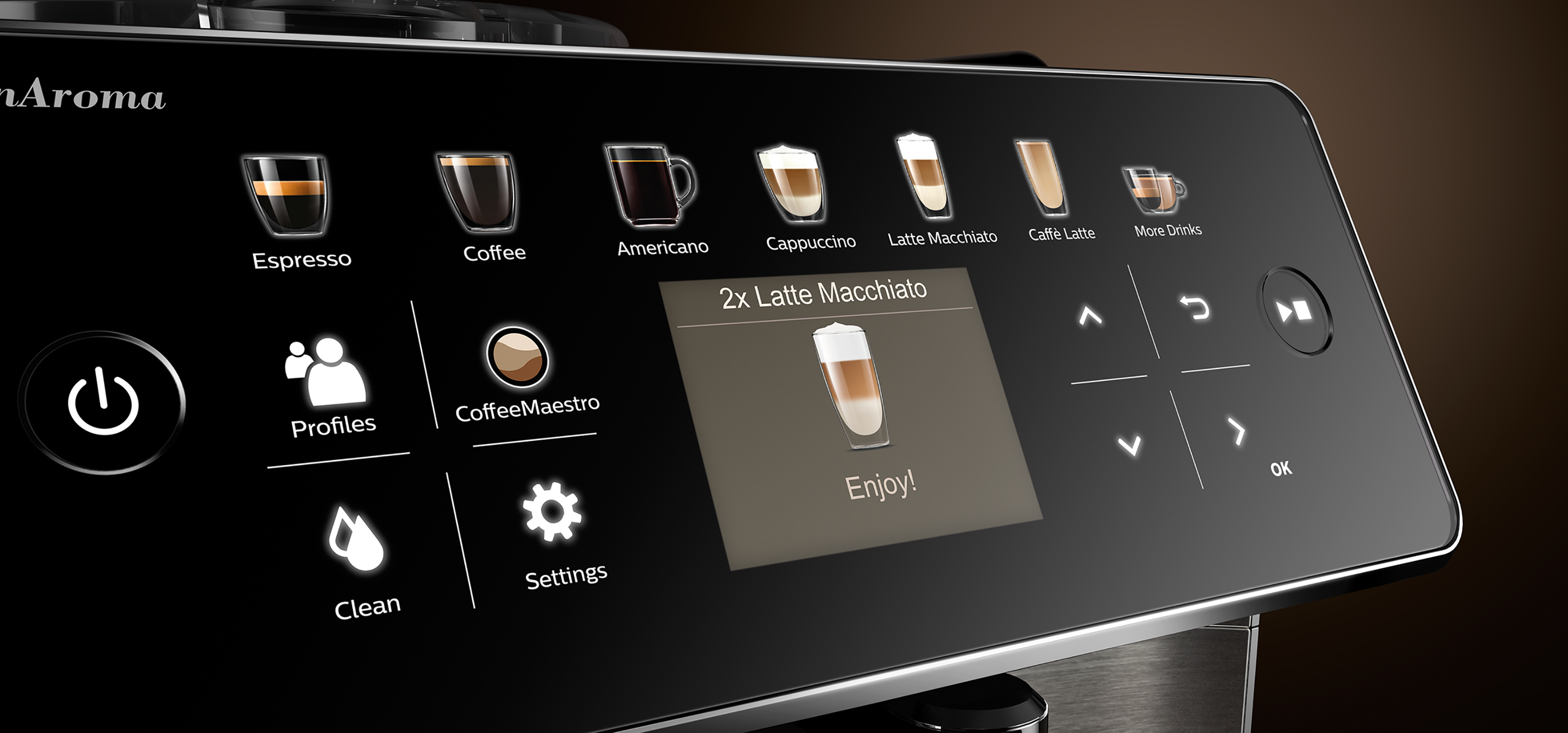 Bedienfeld der Kaffeemaschine mit verschiedenen Getränkeoptionen und Touchscreen, schwarzer Hintergrund.