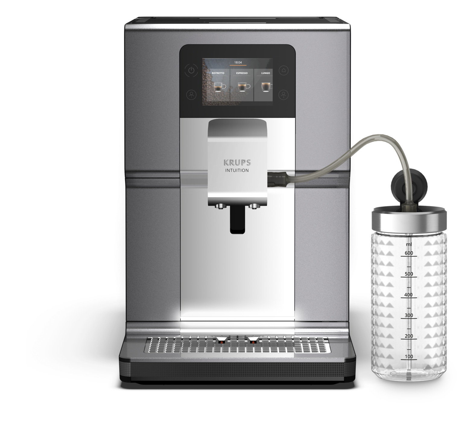 Srebrno-czarny ekspres do kawy z ekranem, pojemnikiem i rurką podłączoną do maszyny.
