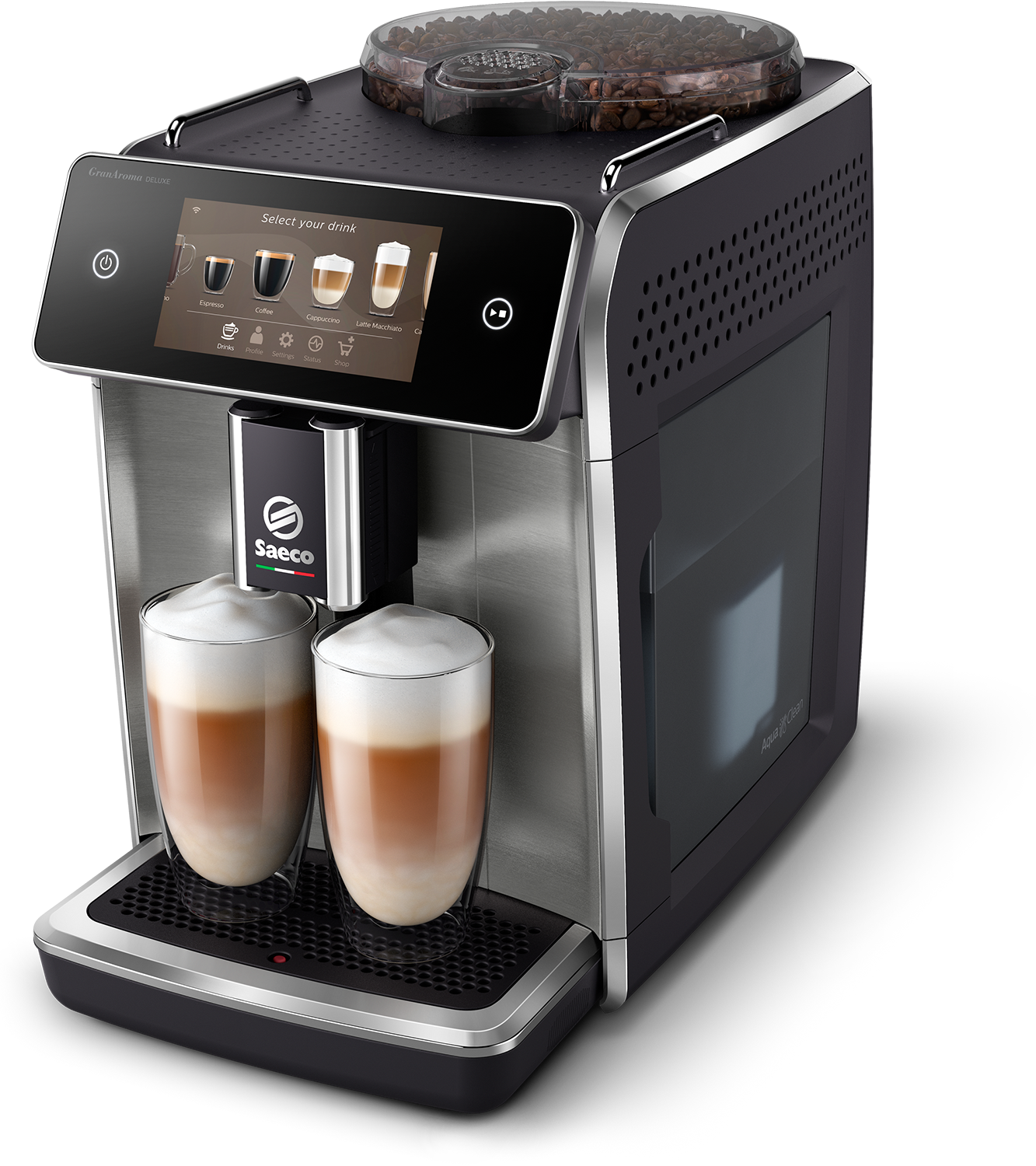 Eine Saeco Espressomaschine gibt zwei Lattes aus. Sie hat einen Touchscreen, einen Bohnenbehälter und das Saeco-Logo.