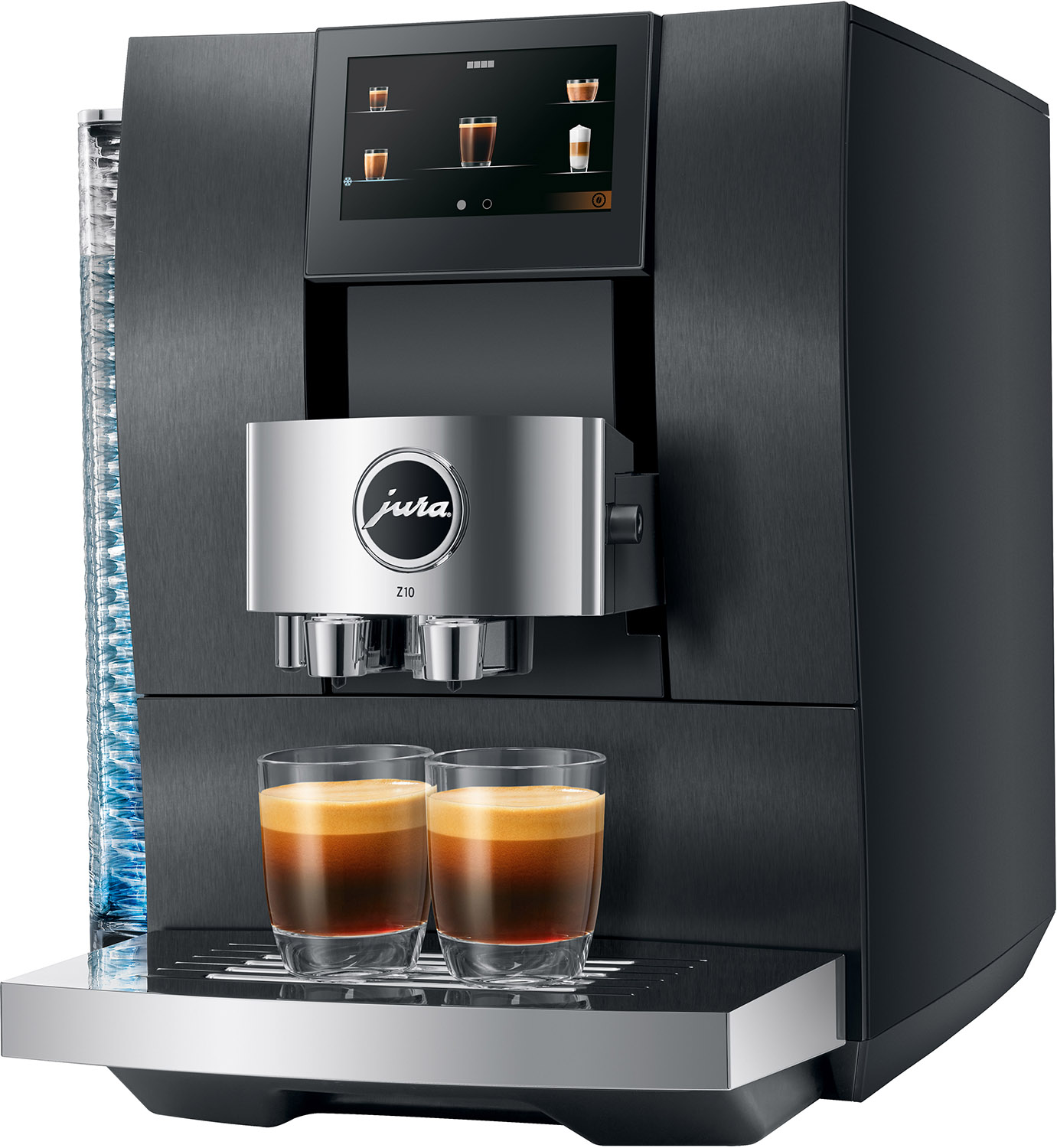 Schwarze Jura Kaffeemaschine mit zwei Kaffeegläsern.