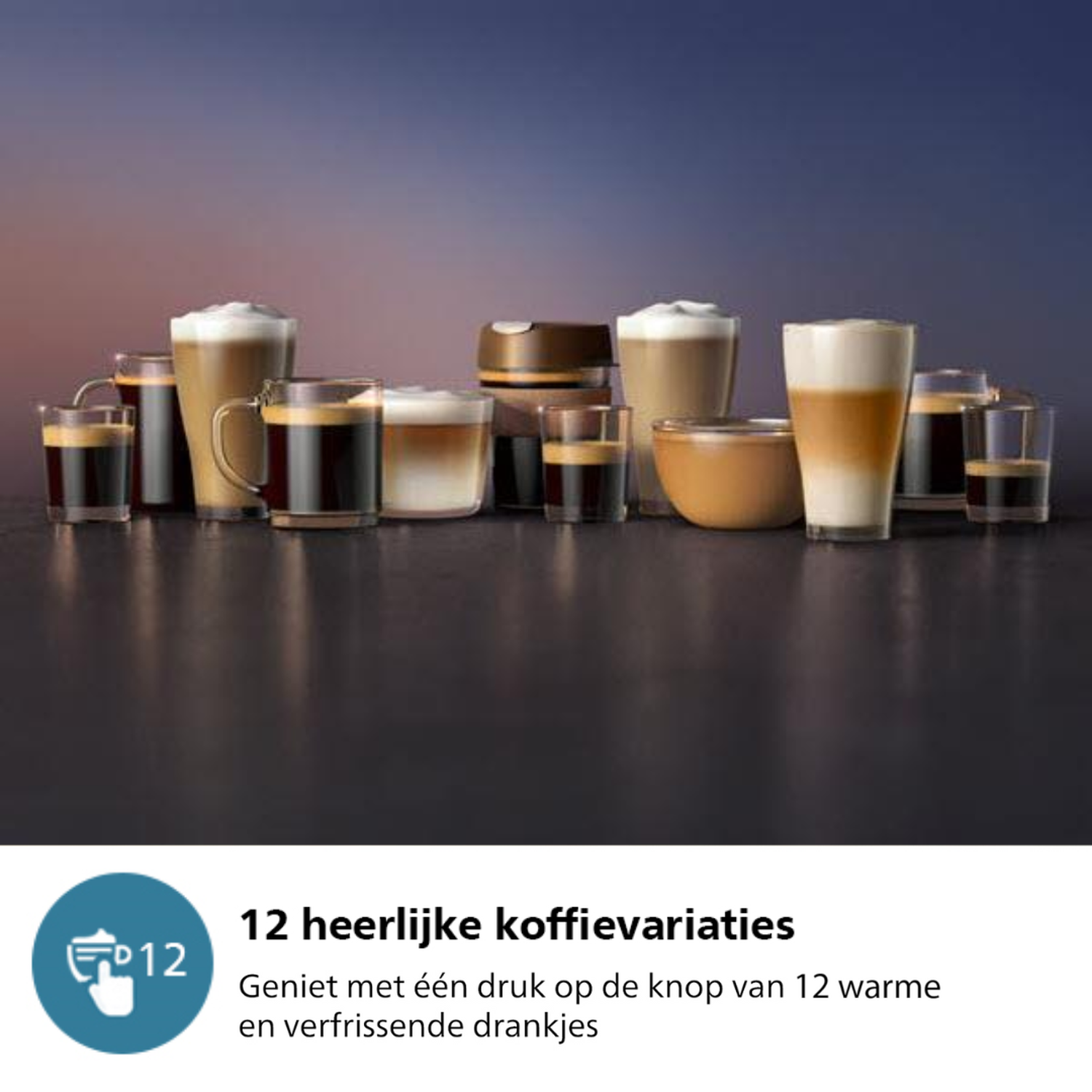 Różne napoje kawowe w szklankach, z opisem 12 wariantów kawy.