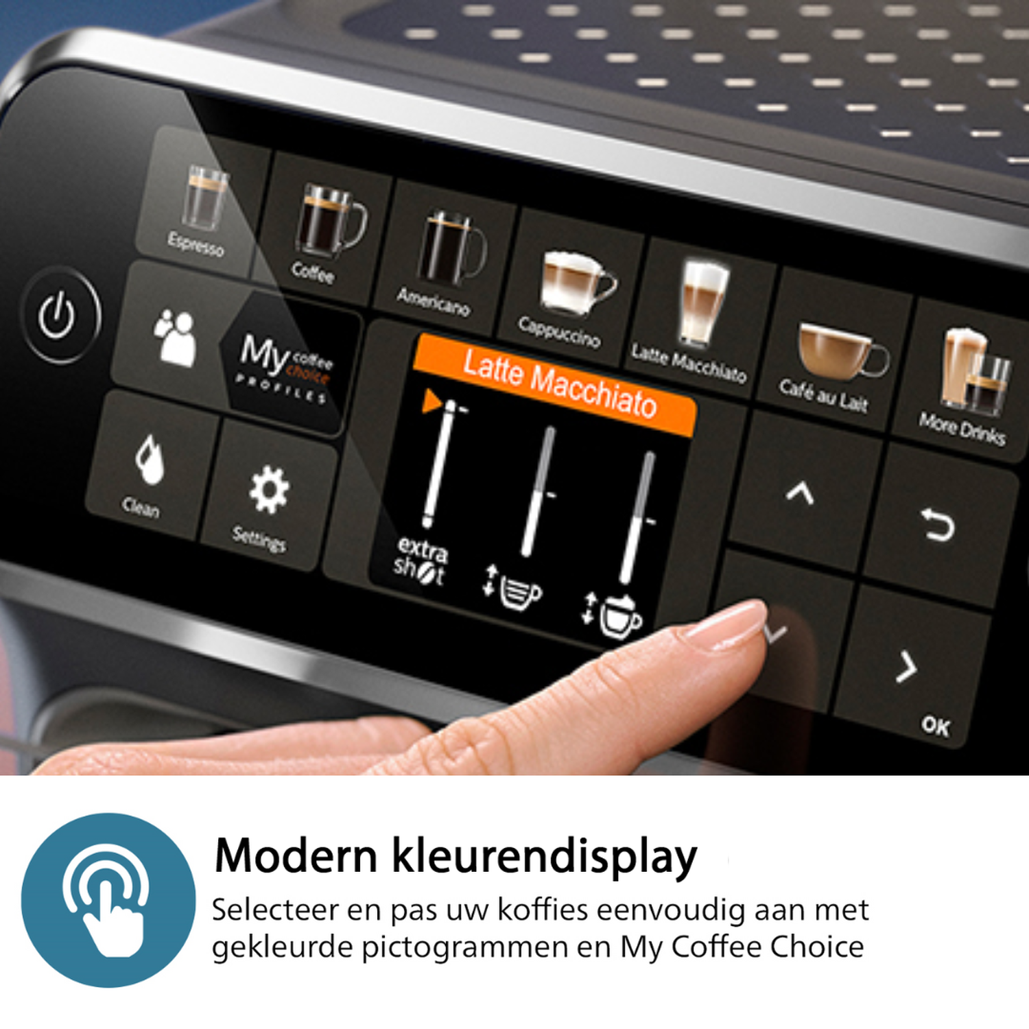 Wyświetlacz ekspresu do kawy pokazujący różne rodzaje kawy.