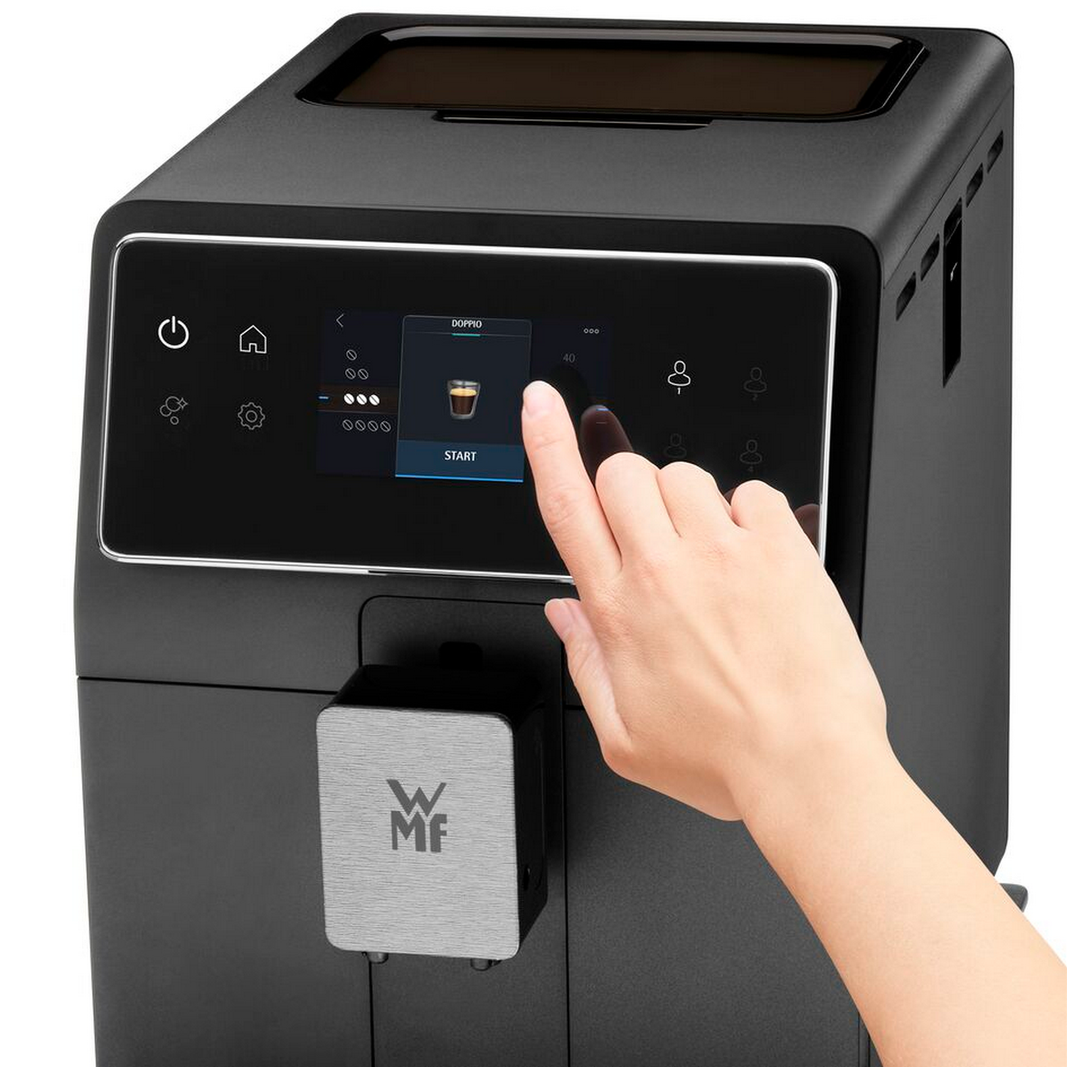 Schwarze Kaffeemaschine, Touchscreen-Display, Hand wählt Kaffeeoption.