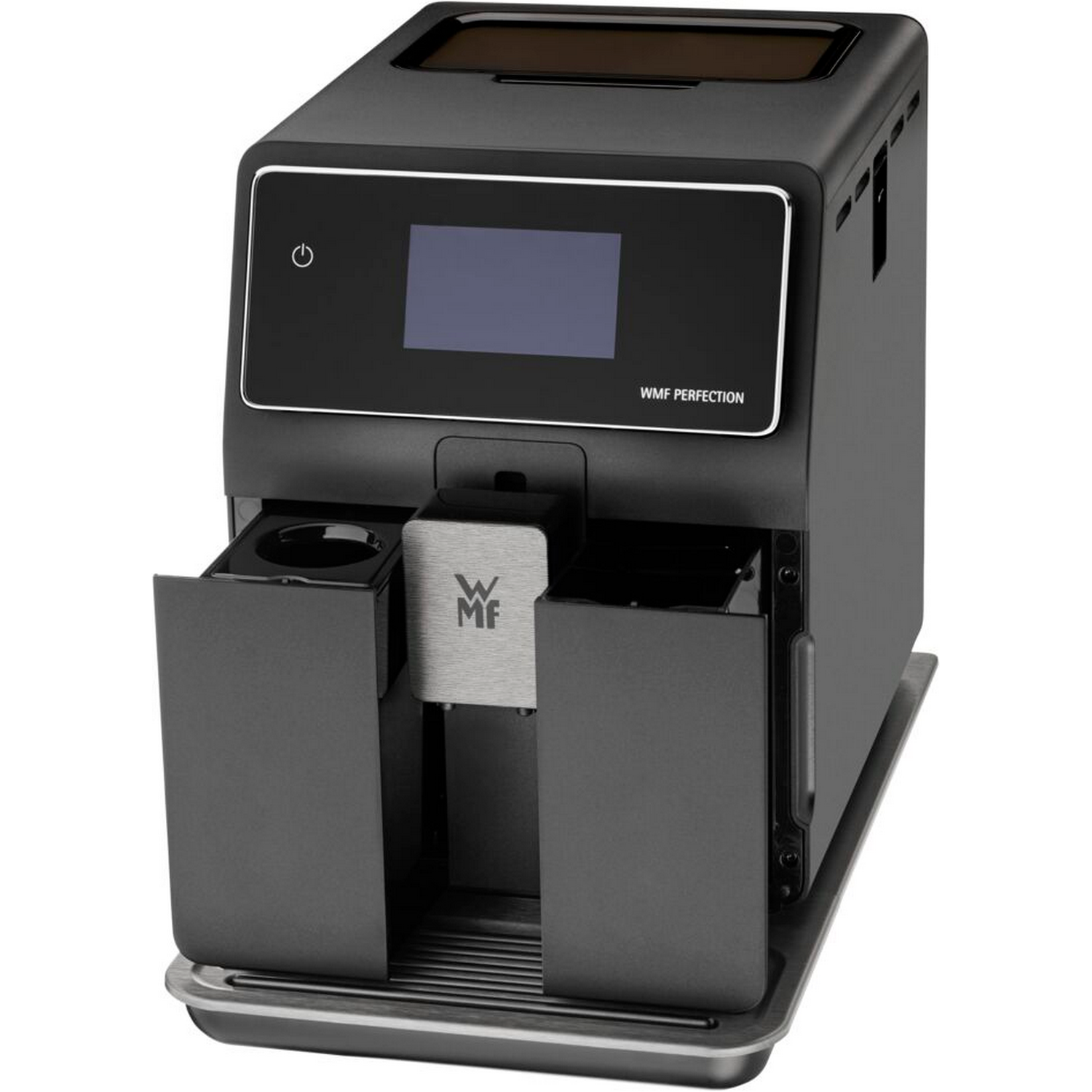 Schwarze Kaffeemaschine mit Display und zwei offenen Fächern auf Weiß.
