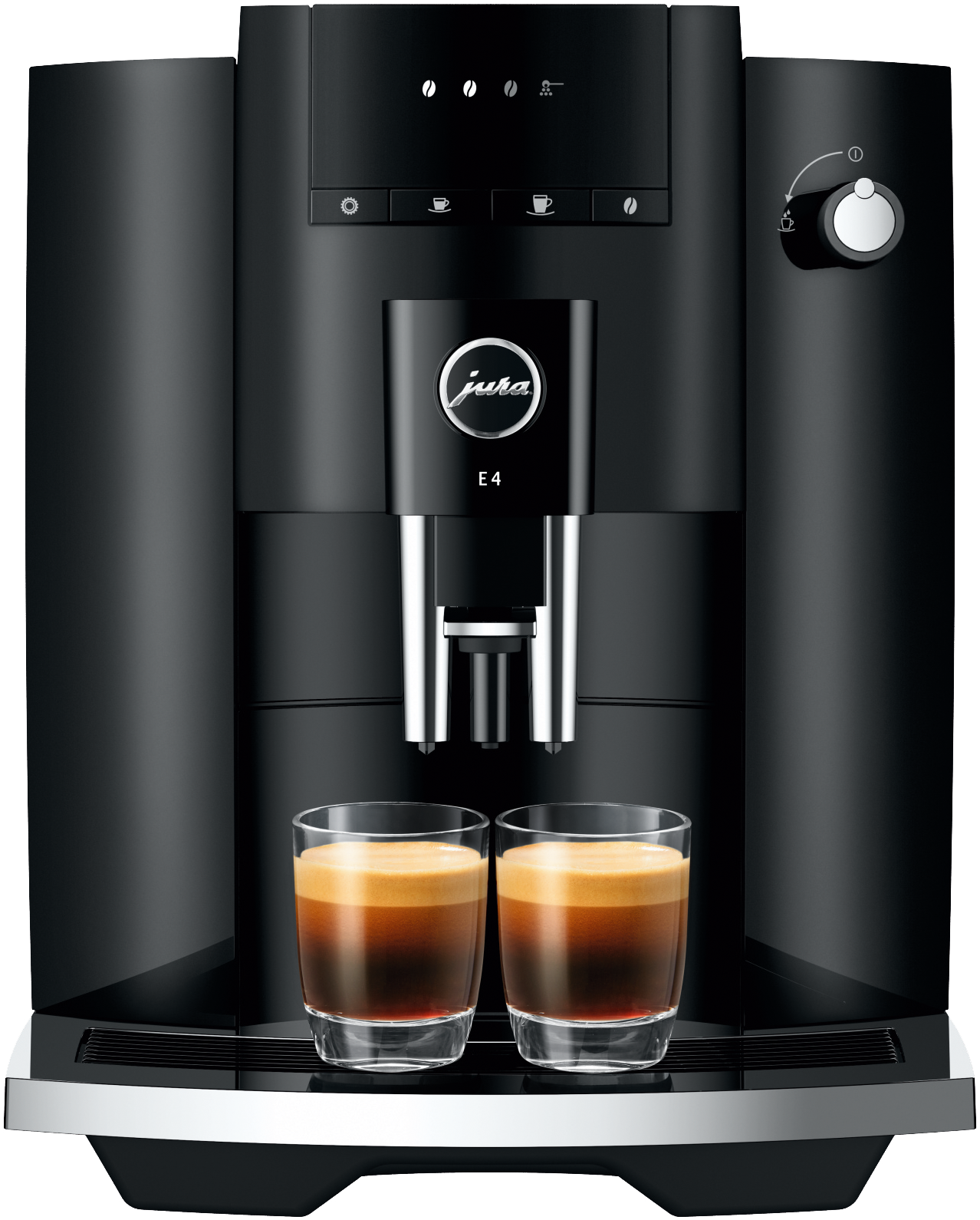 Cafetera Jura E4 negra con dos tazas de espresso.