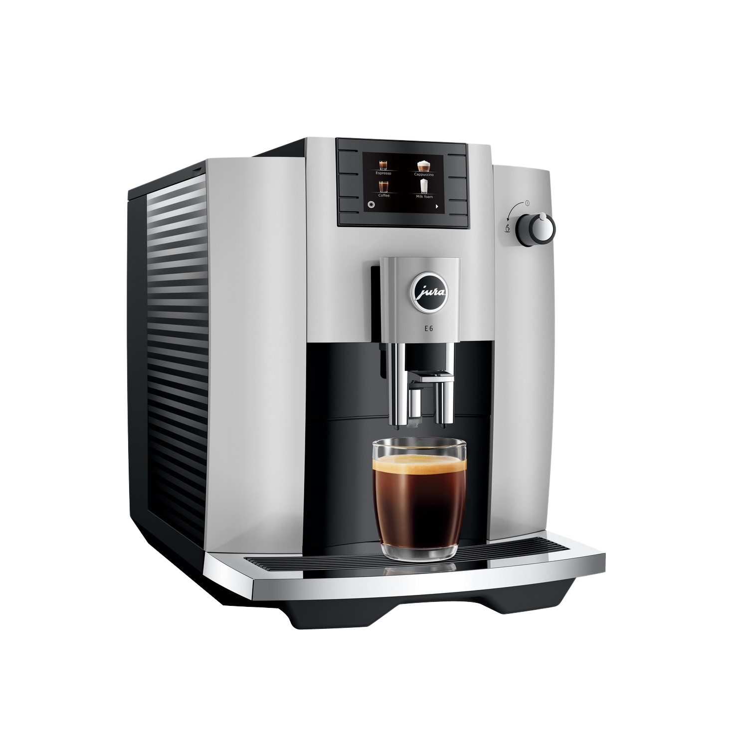 Srebrno-czarny ekspres do kawy Jura z filiżanką kawy na czarnym tle.