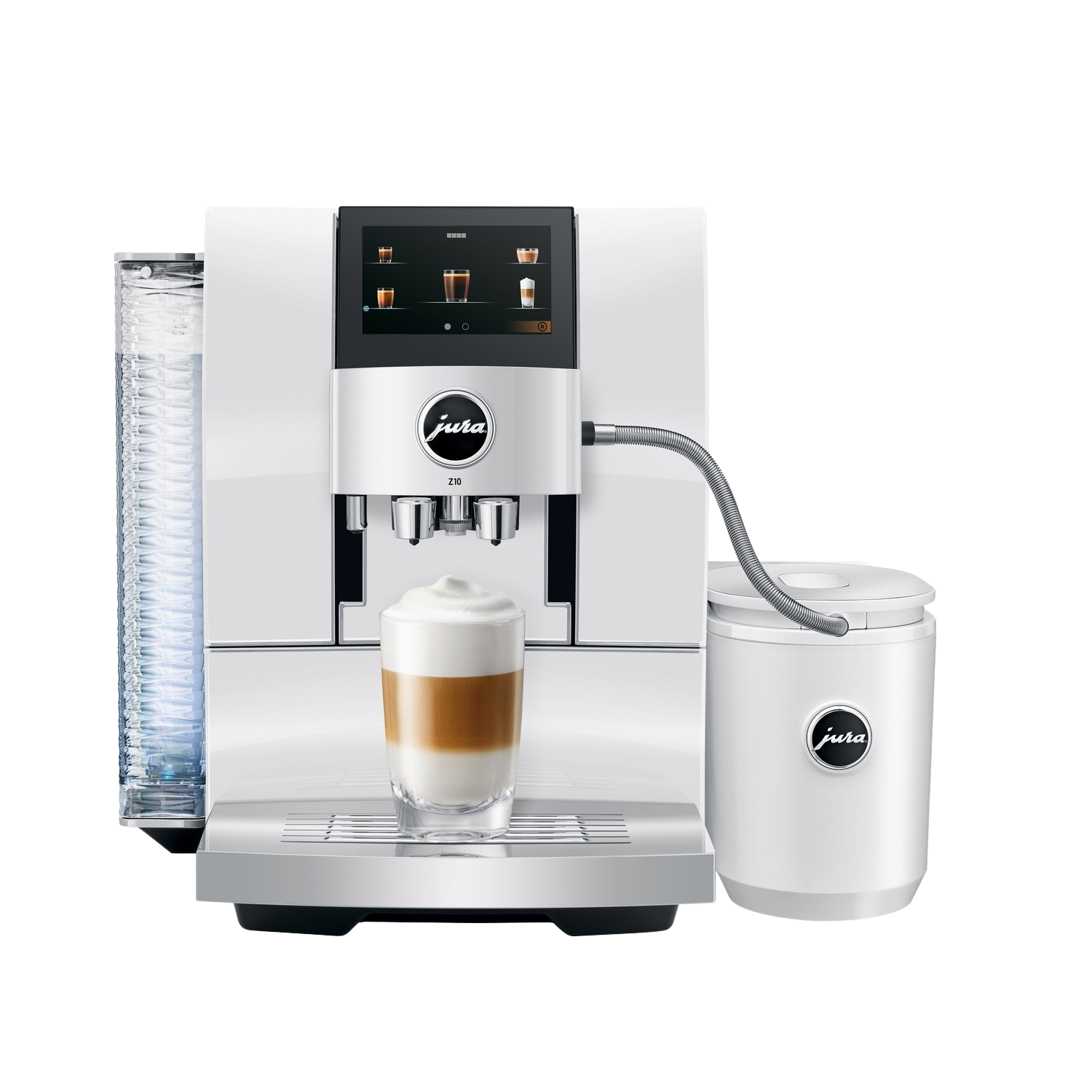 Weiße Jura Z10 Kaffeemaschine mit einem Glas Latte. Weißer Hintergrund.