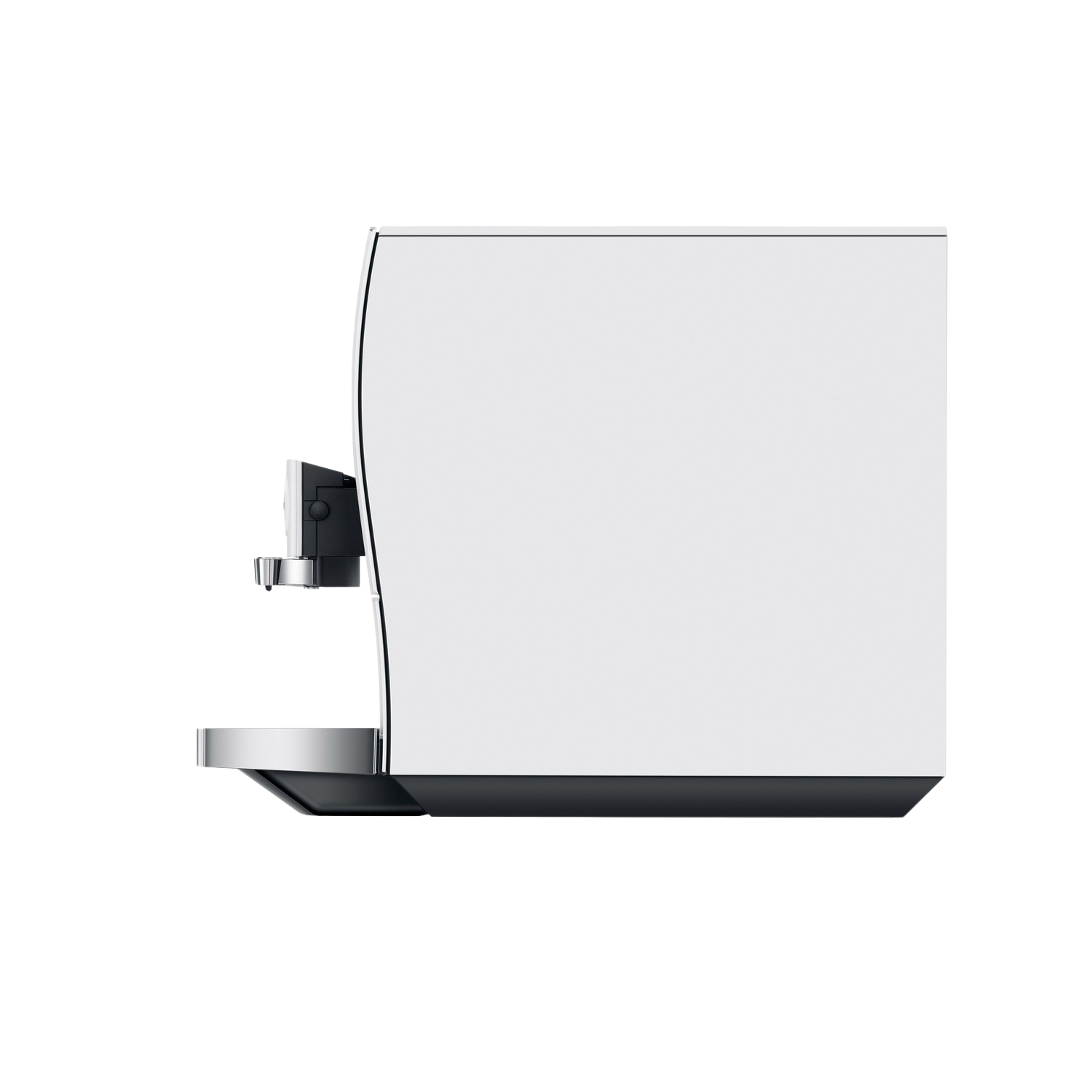 Das Seitenprofil einer weißen Kaffeemaschine. Die Maschine hat einen schwarzen Deckel und silberne Akzente.