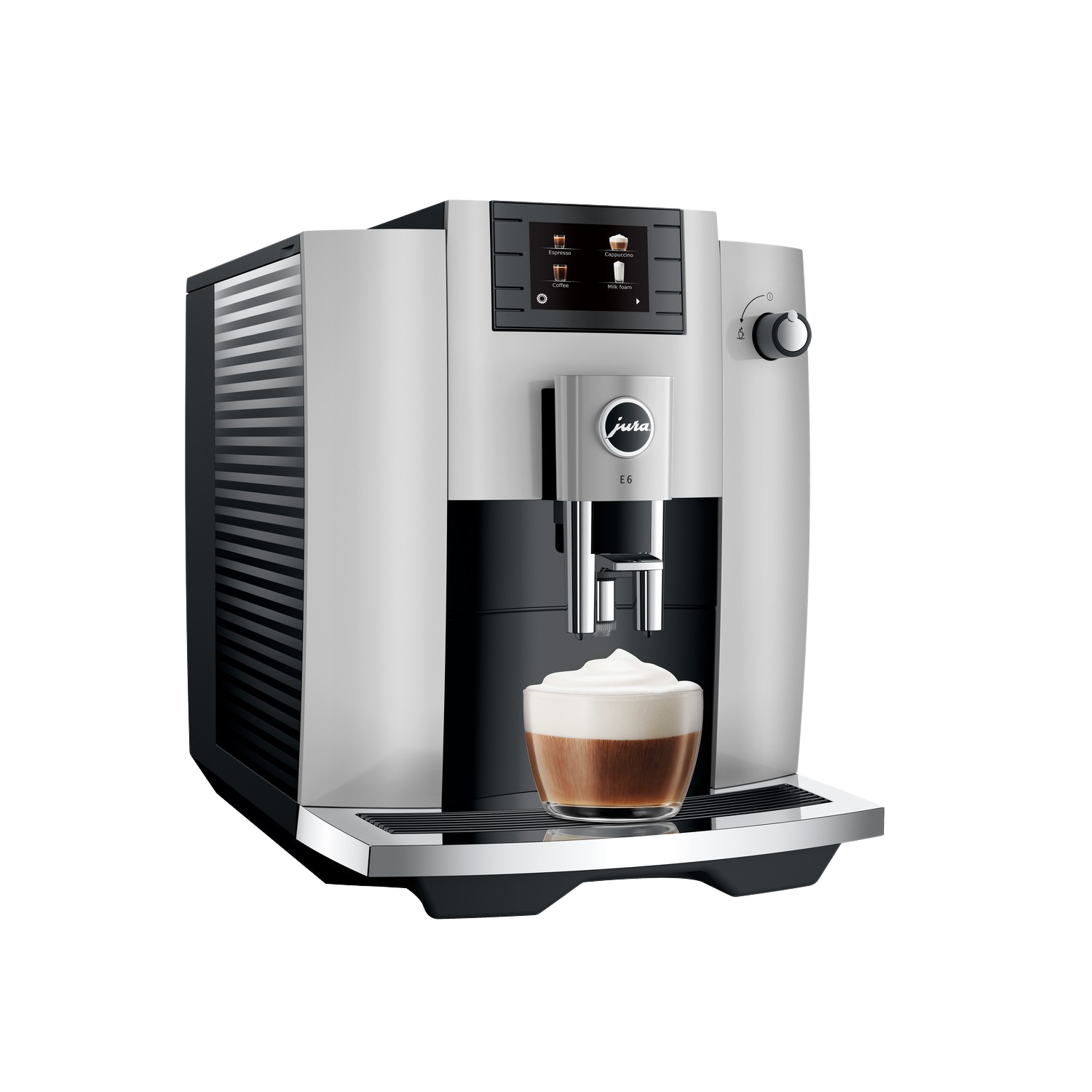 Ekspres do kawy Jura E6 nalewa kawę do szklanki. Na tacy stoi filiżanka z pianką.