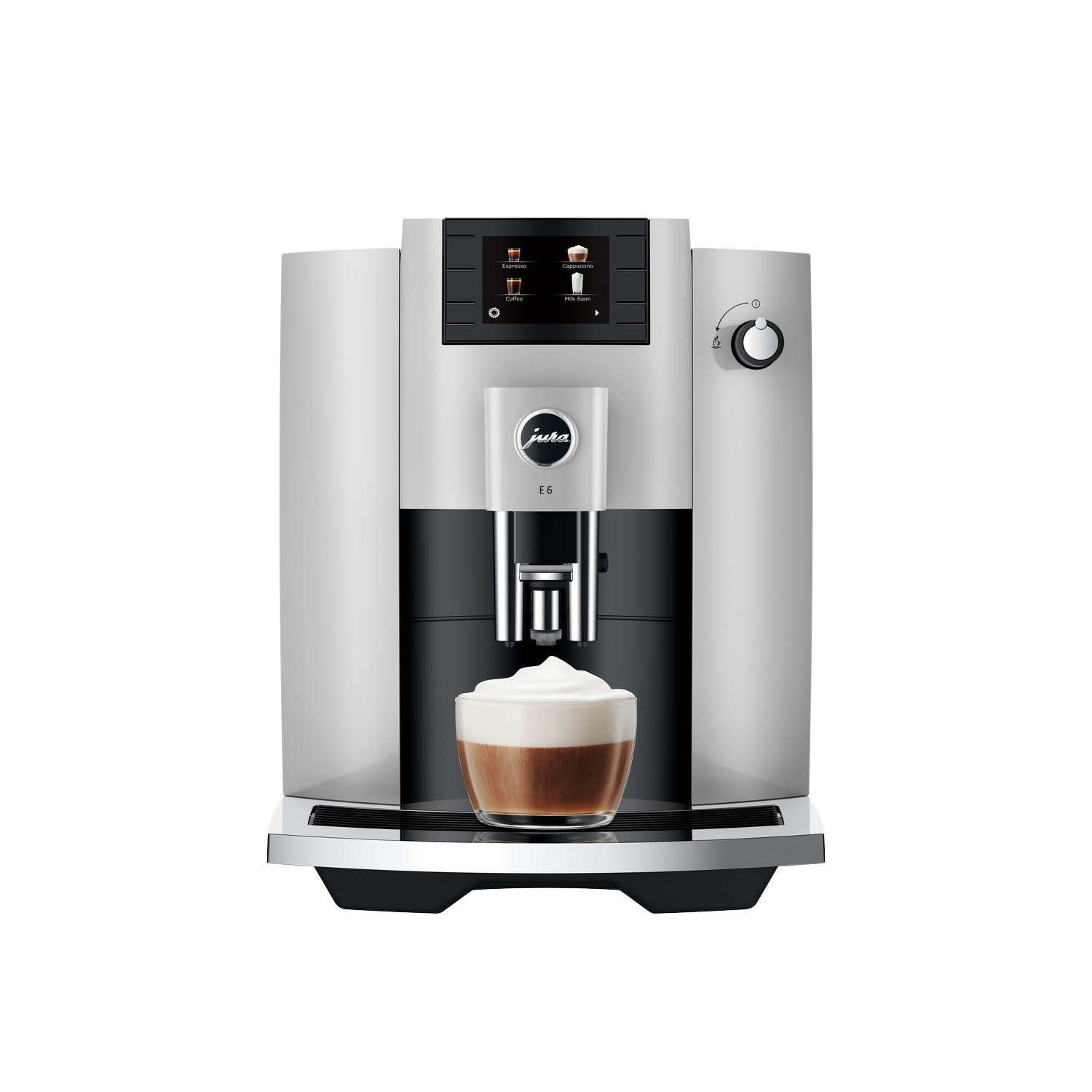 Srebrno-czarny ekspres do kawy Jura E6. Podaje kawę do szklanki z pianką.