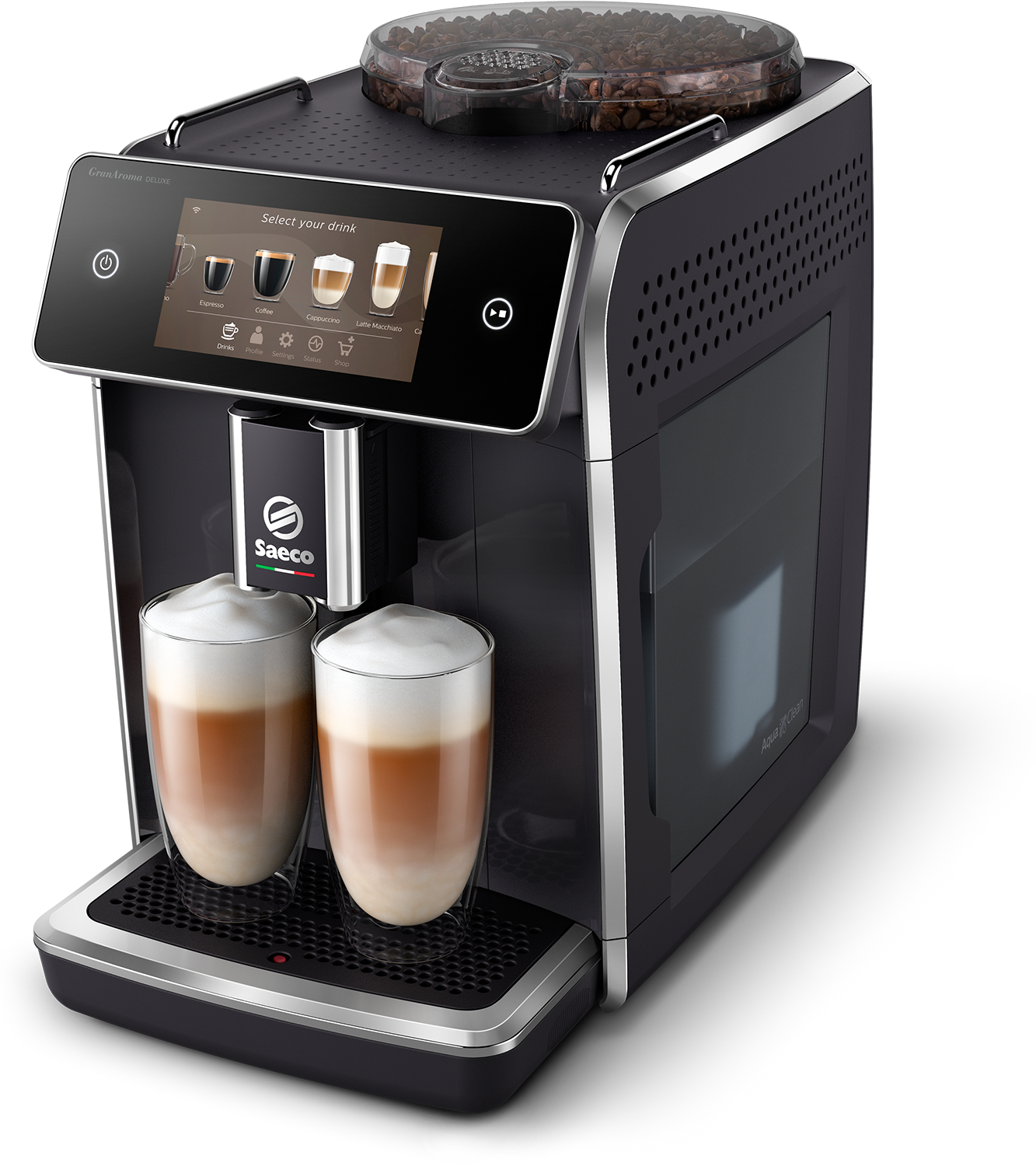 Eine schwarze Saeco Kaffeemaschine mit zwei Gläsern Latte, auf schwarzem Hintergrund.