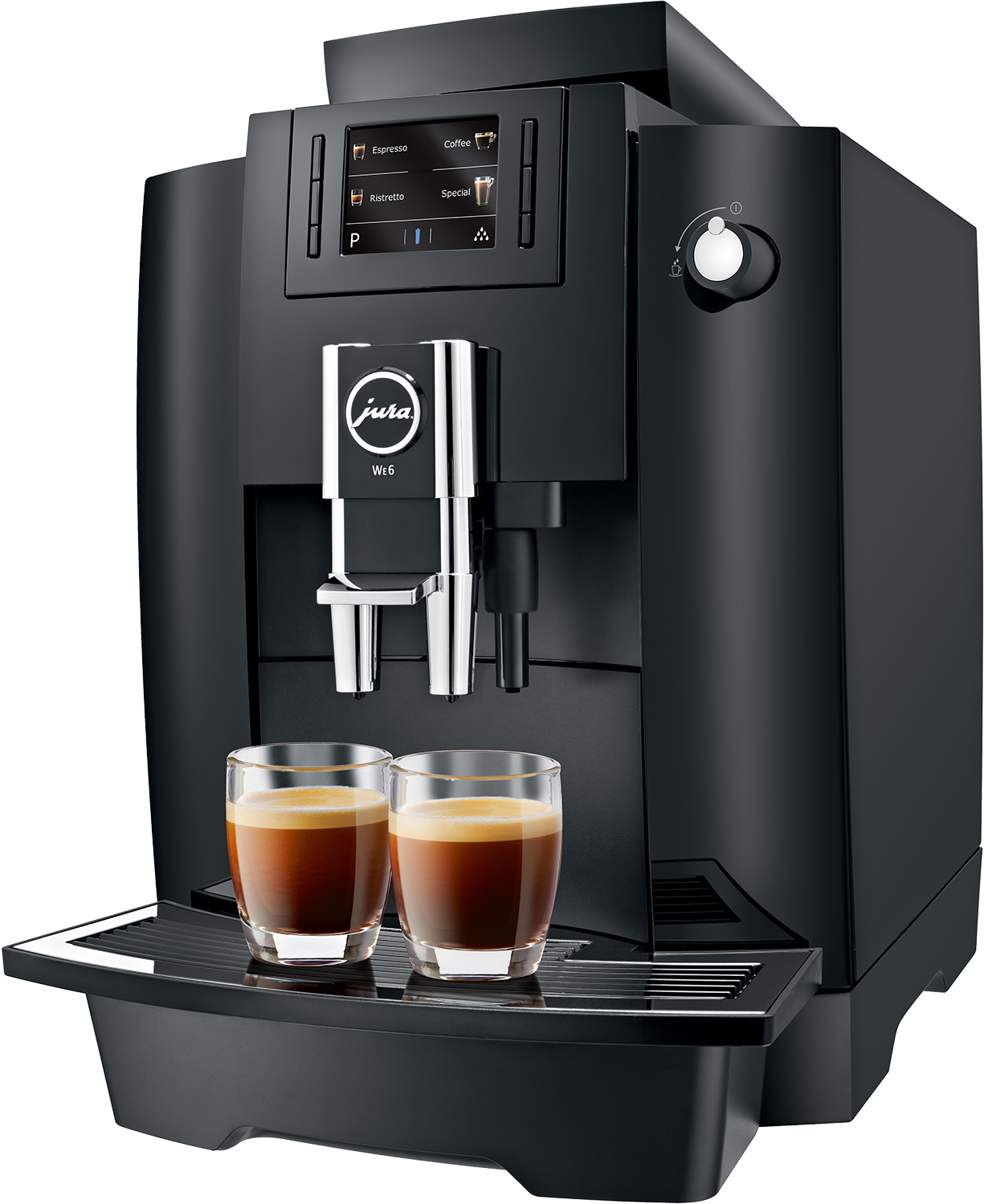 Macchina per espresso nera con due bicchieri di caffè su un vassoio. Sfondo nero.